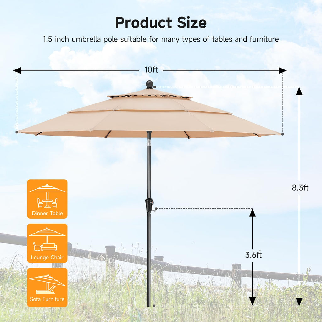 ONBRILL 10 FT Patio Umbrella, 3 Tier Outdoor Table Umbrella with 8 Sturdy Glass Fiber Ribs and Push Button Tilt, Outdoor Patio Umbrellas for Market Pool Garden Backyard, 1.5" Pole, Blue (No Base)