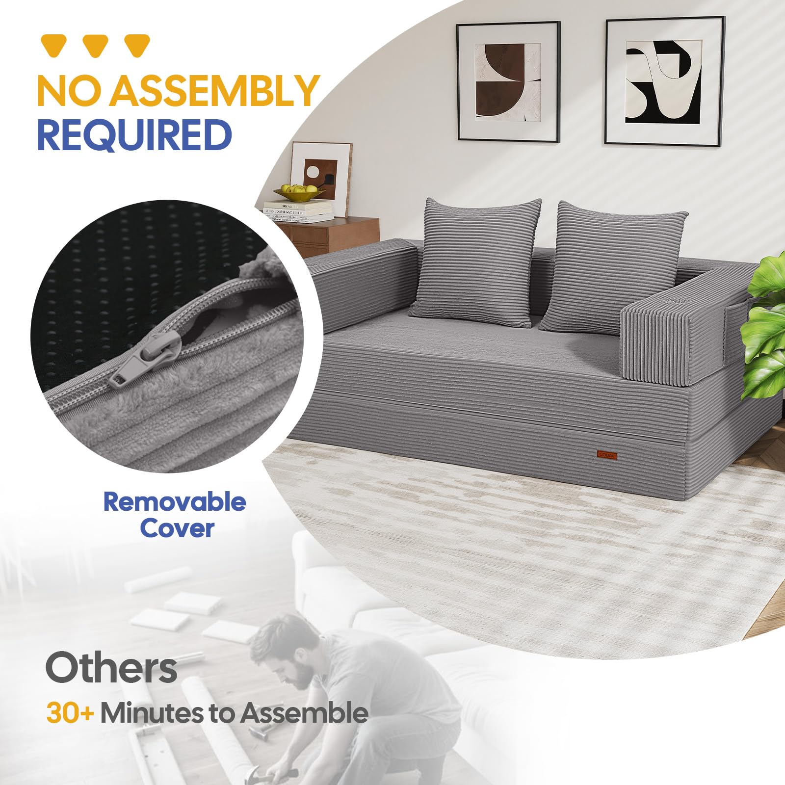 COMAX Futon Sofa Bed, 4‑in‑1 Convertible Sofa Bed, Folding Boneless Couches | Boneless Couch for living room, Fold Out Small Foldable Loveseat Floor Sleeper Mattress Lounge Space‑Saving, Ash Gray