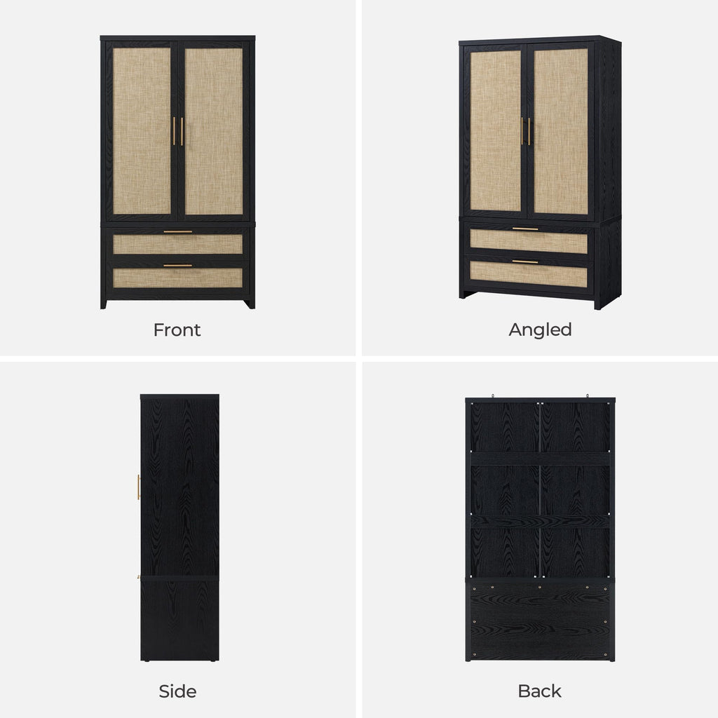 SICOTAS Rattan Armoire Wardrobe Closet Cabinet, 71" Wardrobe Storage Cabinet with Doors, 2 Drawers and Hanging Rod, Boho Large-Capacity Deep Armoire Clothes Organizer for Bedroom, Black Oak