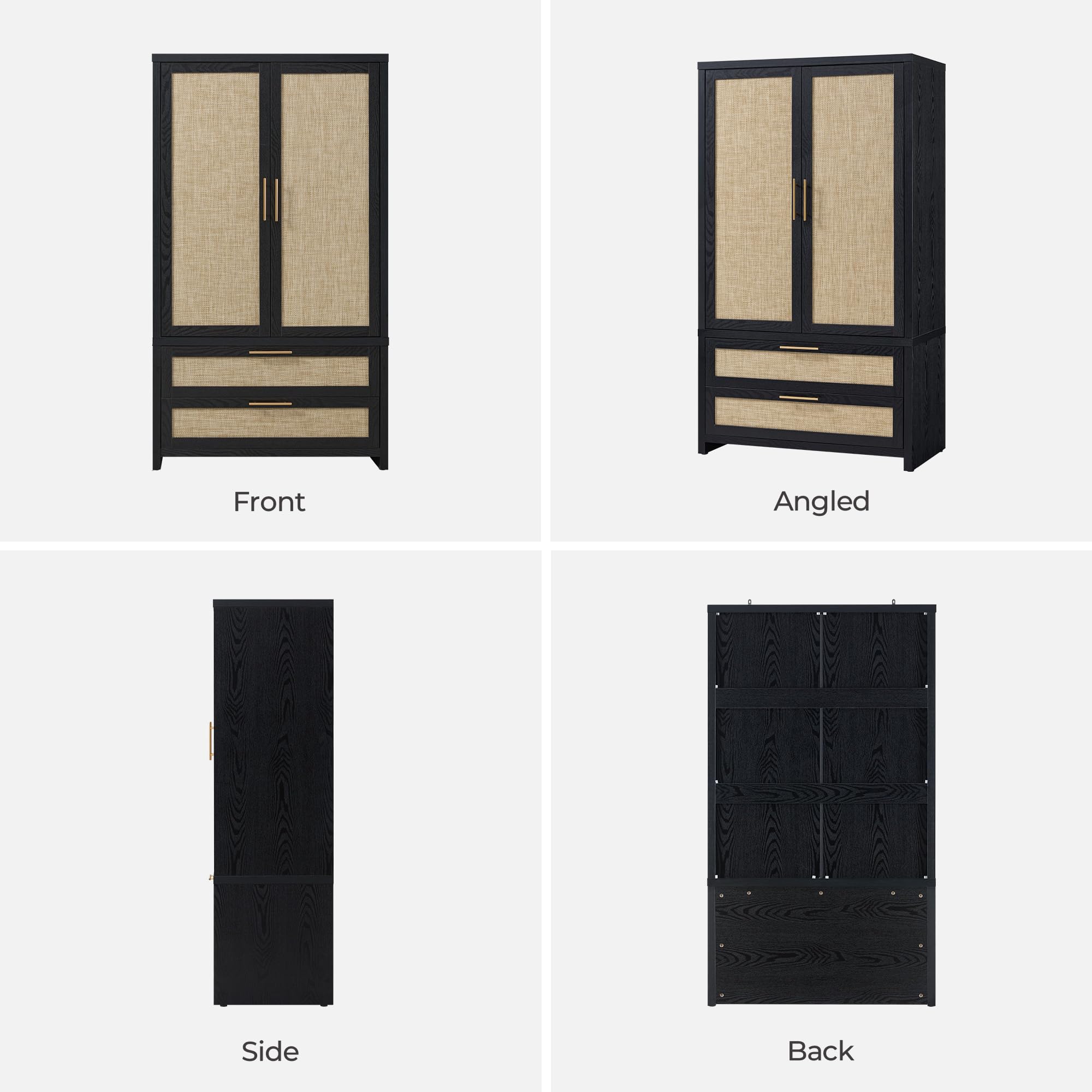 SICOTAS Rattan Armoire Wardrobe Closet Cabinet, 71" Wardrobe Storage Cabinet with Doors, 2 Drawers and Hanging Rod, Boho Large-Capacity Deep Armoire Clothes Organizer for Bedroom, Black Oak