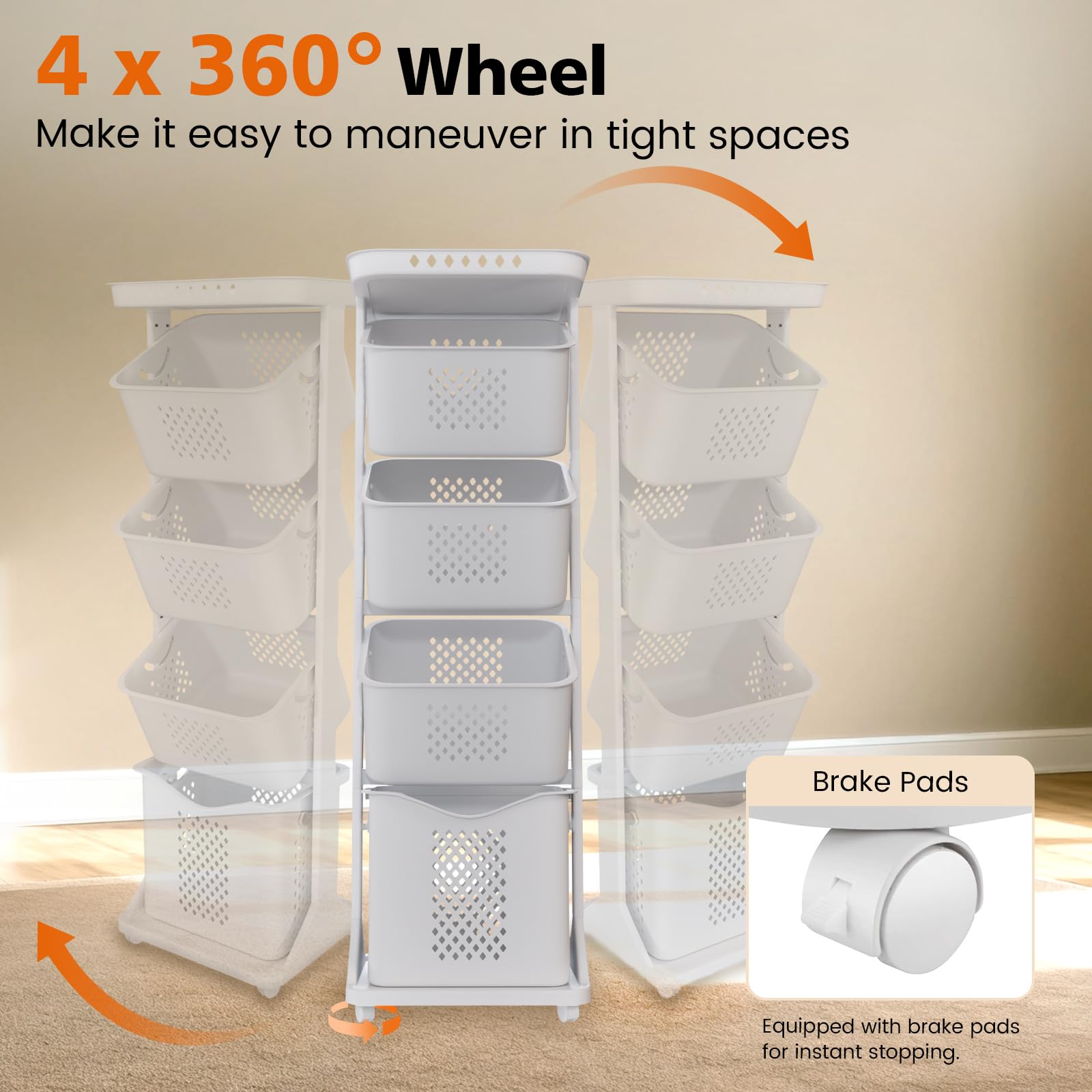 BAOKALER Rolling Laundry Hamper Cart with Wheels, 3 Tier White Laundry Baskets, Clothes Hamper with Portable Storage Baskets for Kitchens, Bathrooms, Bedrooms, Classrooms, Laundry Rooms(75L)