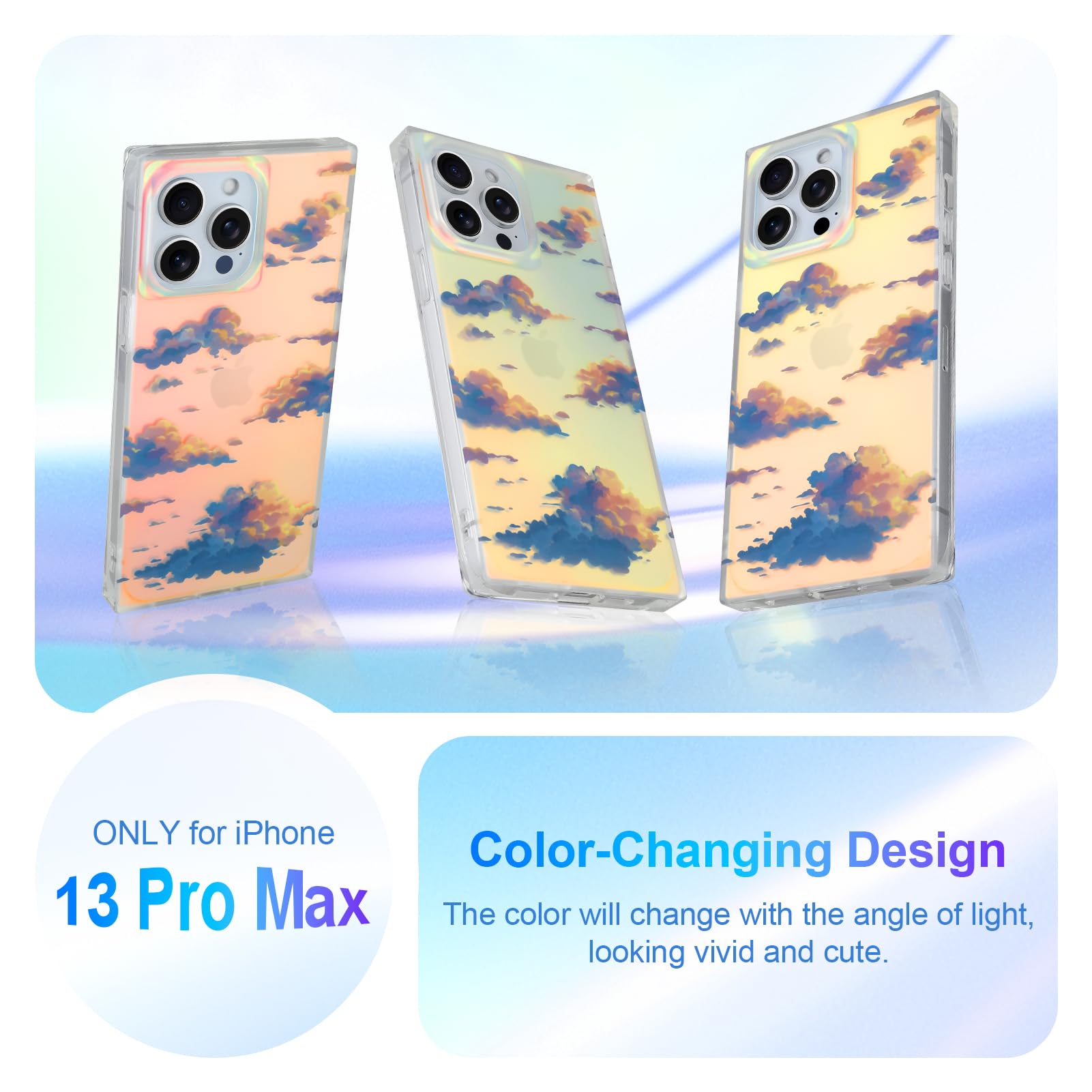 Cute Case for iPhone 13 Pro Case for Women Girls with Iridescent Cloud Pattern Design, Aesthetic Trendy Girly Matte Glitter Sparkly Rainbow Rectangle Protective Phone Cover, Sun Set Sky