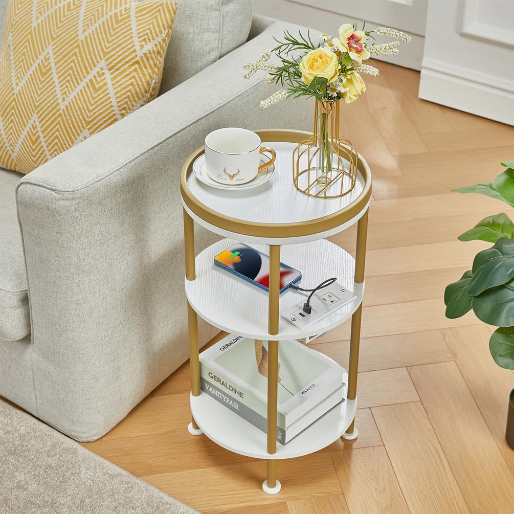 Small Round Side Table with Charging Station for Small Spaces, 3-Tier Accent Table with USB Ports & Power Outlets, Sofa Corner Tea Table for Living Room Nightstand Bedroom Apartment (Black)