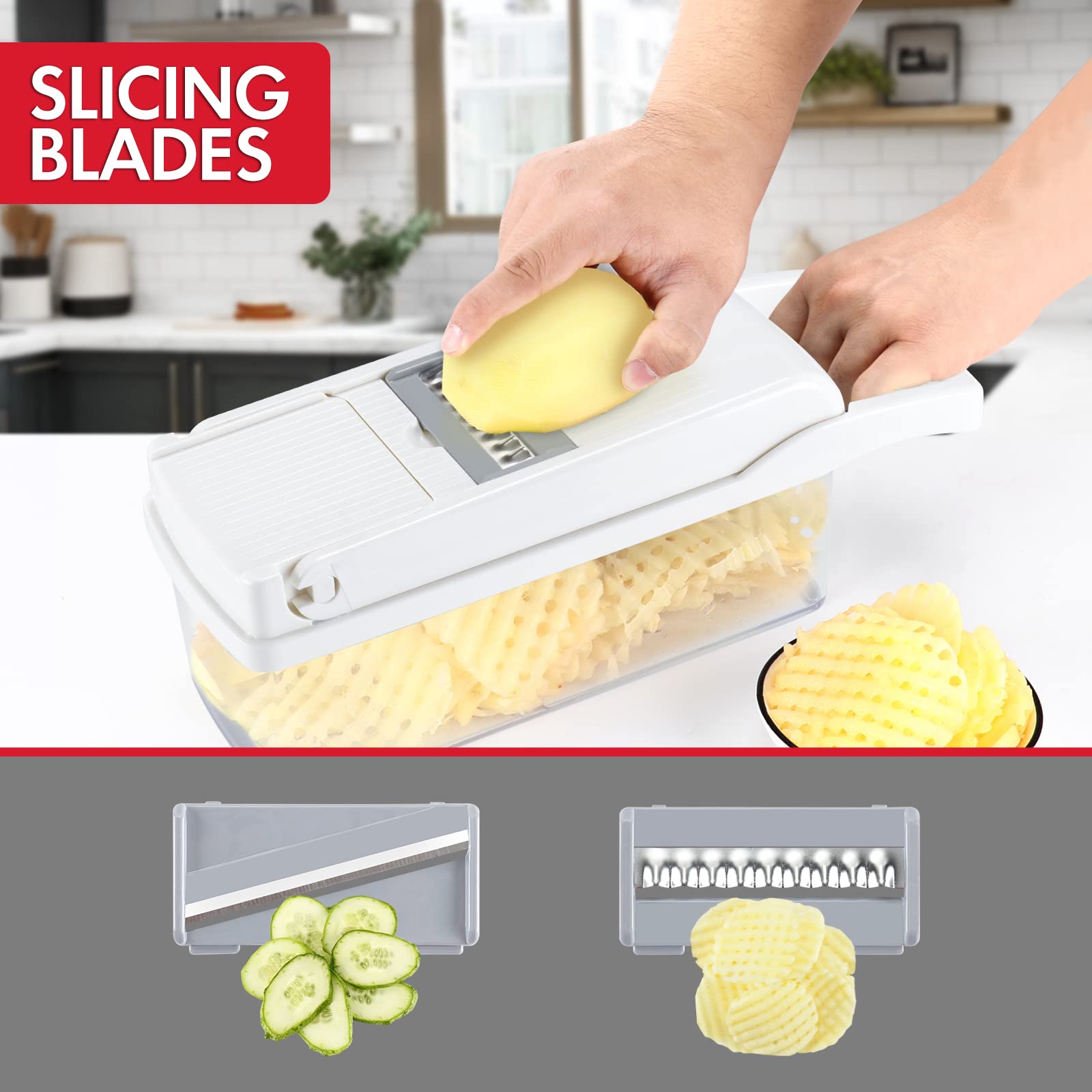 Ourokhome Vegetable Chopper Onion Cutter, 12 in 1 Professional Mandoline Slicer for Kitchen, Multifunctional Food Chopper for Potato, Tomato, Veggie with Strainer Basket, 8 Blades, Blue