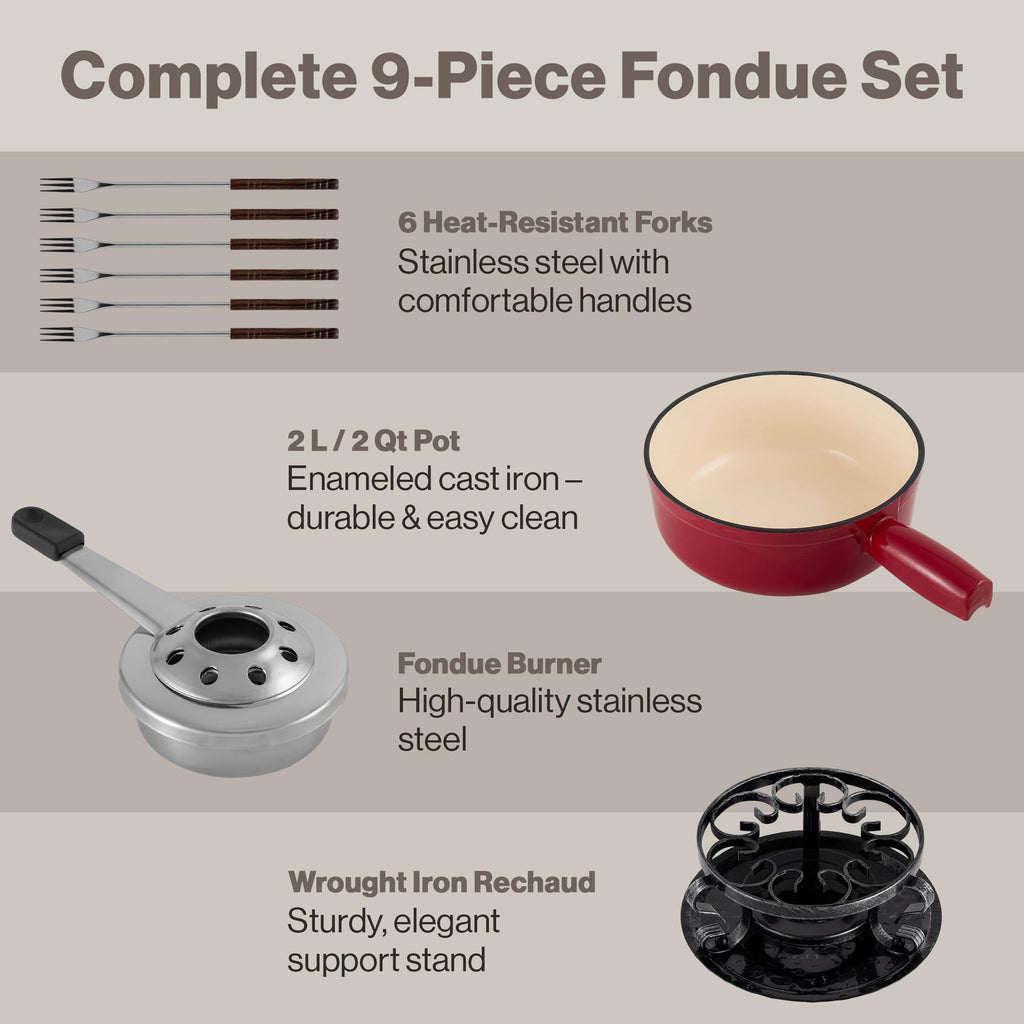Swissmar Lugano Cast Iron Cheese Fondue Set, 9-Piece, 2 QT / 2 L - Ideal for Melting Cheese, Chocolates, Caramel, & More - Perfect for Kitchen Collection & Gift Giving - Matte Black