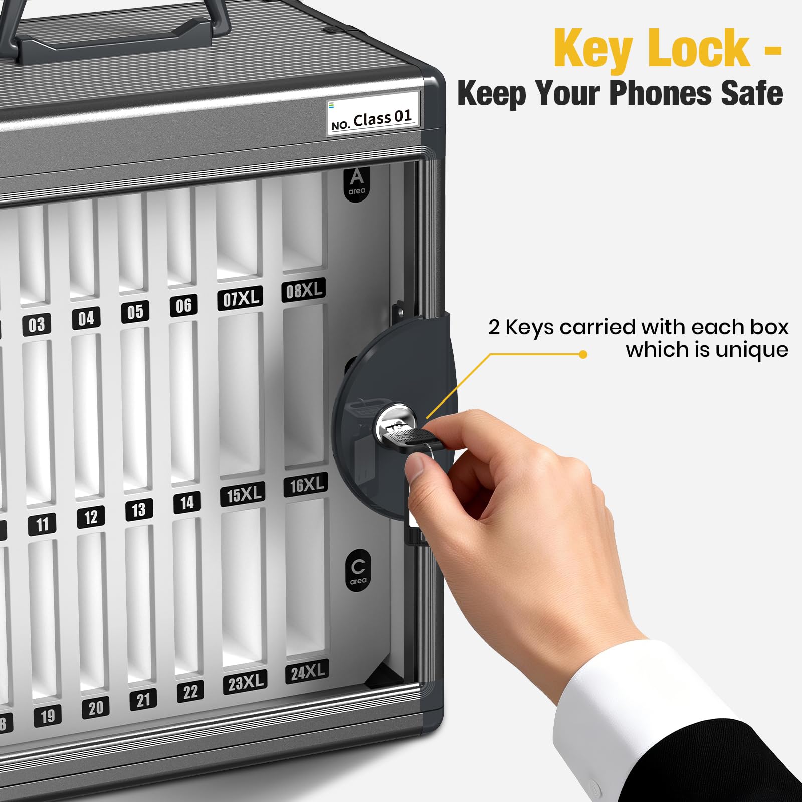 Glosen Cell Phone Locker 24 Slots, Portable Phone Storage Cabinet [Wall Mounted] [Silver 24 Slots-Universal Key ] Aluminum Alloy Cellphone Lock Box with Key & Handle for School Classroom Office Exam