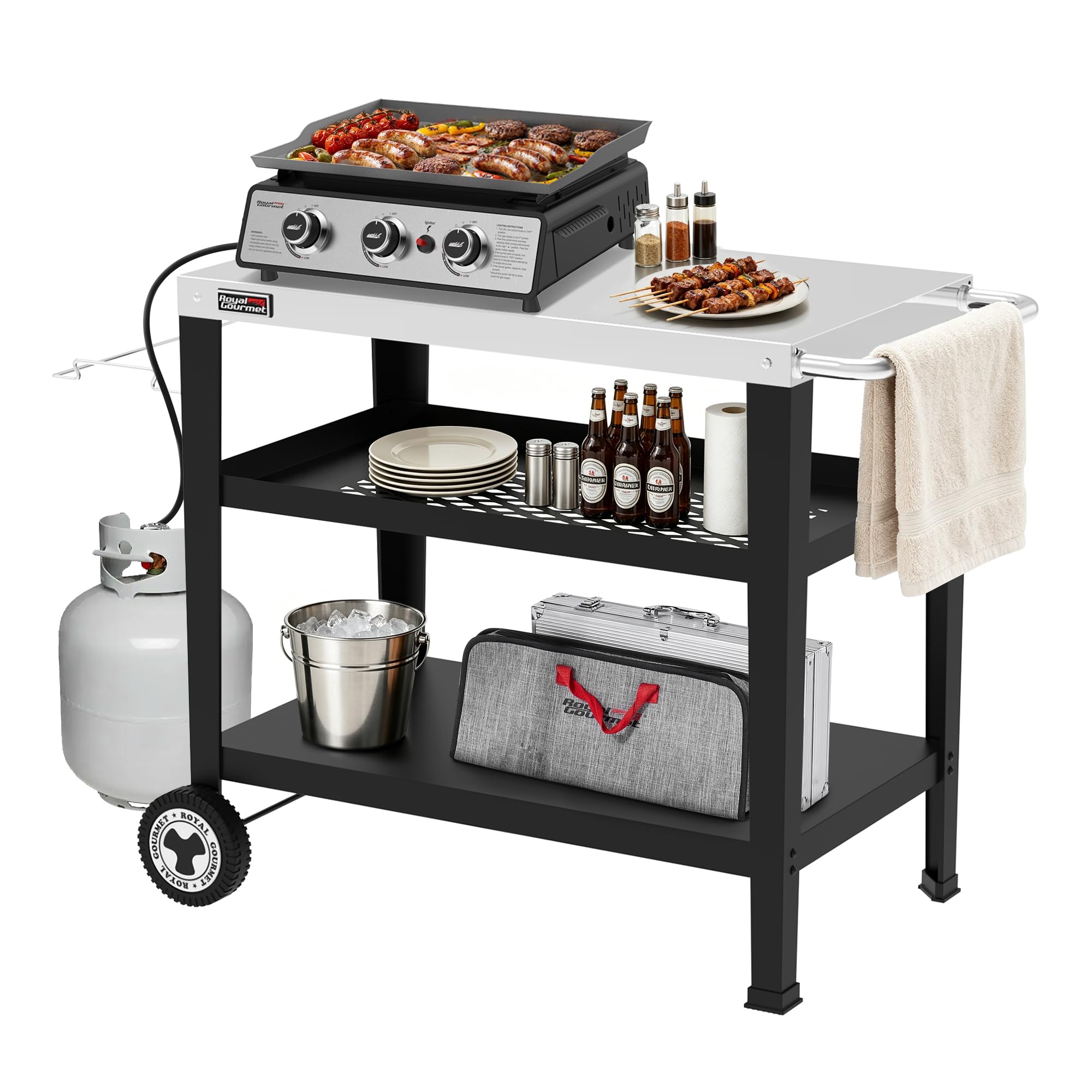 Royal Gourmet PC3404S Rolling Dining Table with Trash Bag Holder, Outdoor Garden Patio BBQ Kitchen Food Prep Table Cart, 34"L x 20"W Stainless Steel Tabletop, Silver & Black