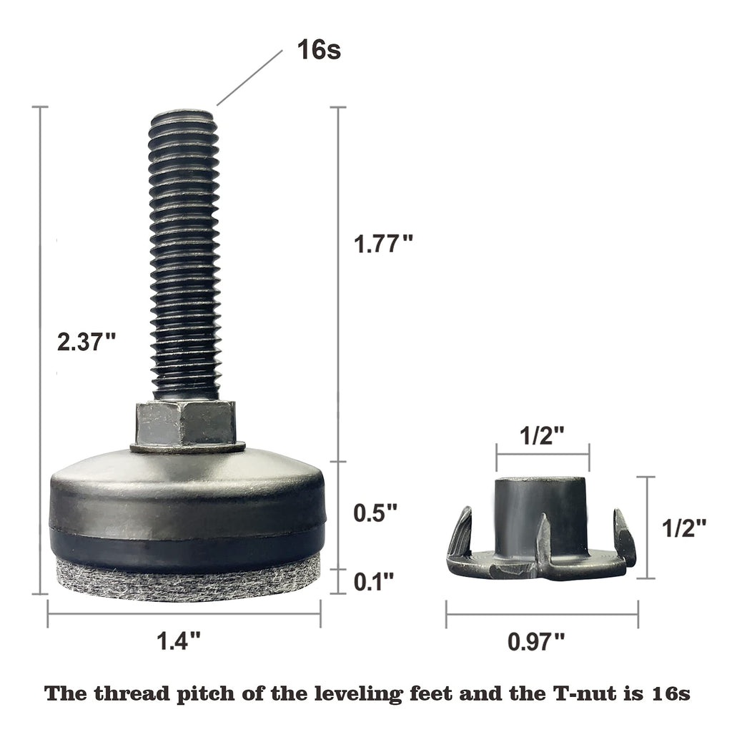 3/8" Threaded Leveling Feet Adjustable Table/Furniture Feet Levelers Screw on Heavy Duty Desk/Chair/Cabinet/Dresser/Bench Leg Leveler Screw in with Threaded Inserts(3/8-16,Large Base,Black,4 Pack)