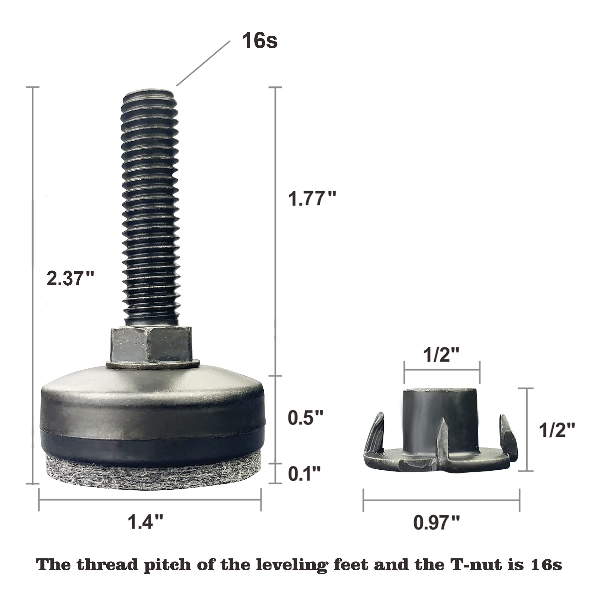 3/8" Threaded Leveling Feet Adjustable Table/Furniture Feet Levelers Screw on Heavy Duty Desk/Chair/Cabinet/Dresser/Bench Leg Leveler Screw in with Threaded Inserts(3/8-16,Large Base,Black,4 Pack)