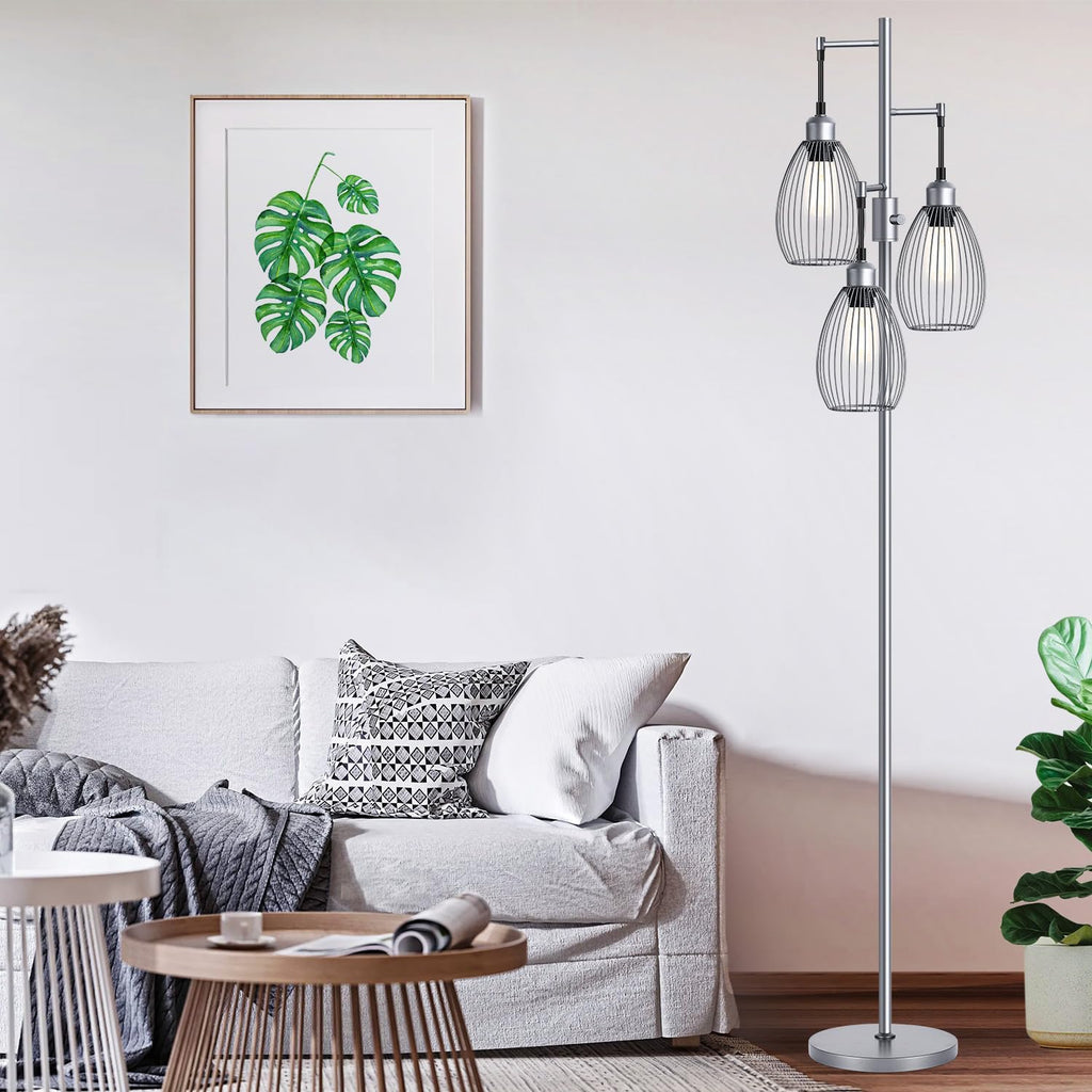 Dimmable Floor Lamp, 3 x 800LM LED Edison Bulbs Included, Farmhouse Industrial Floor Lamp Standing Tree Lamp with Elegant Teardrop Cage Tall Lamps for Living Room Bedroom Office Dining Room-Brass