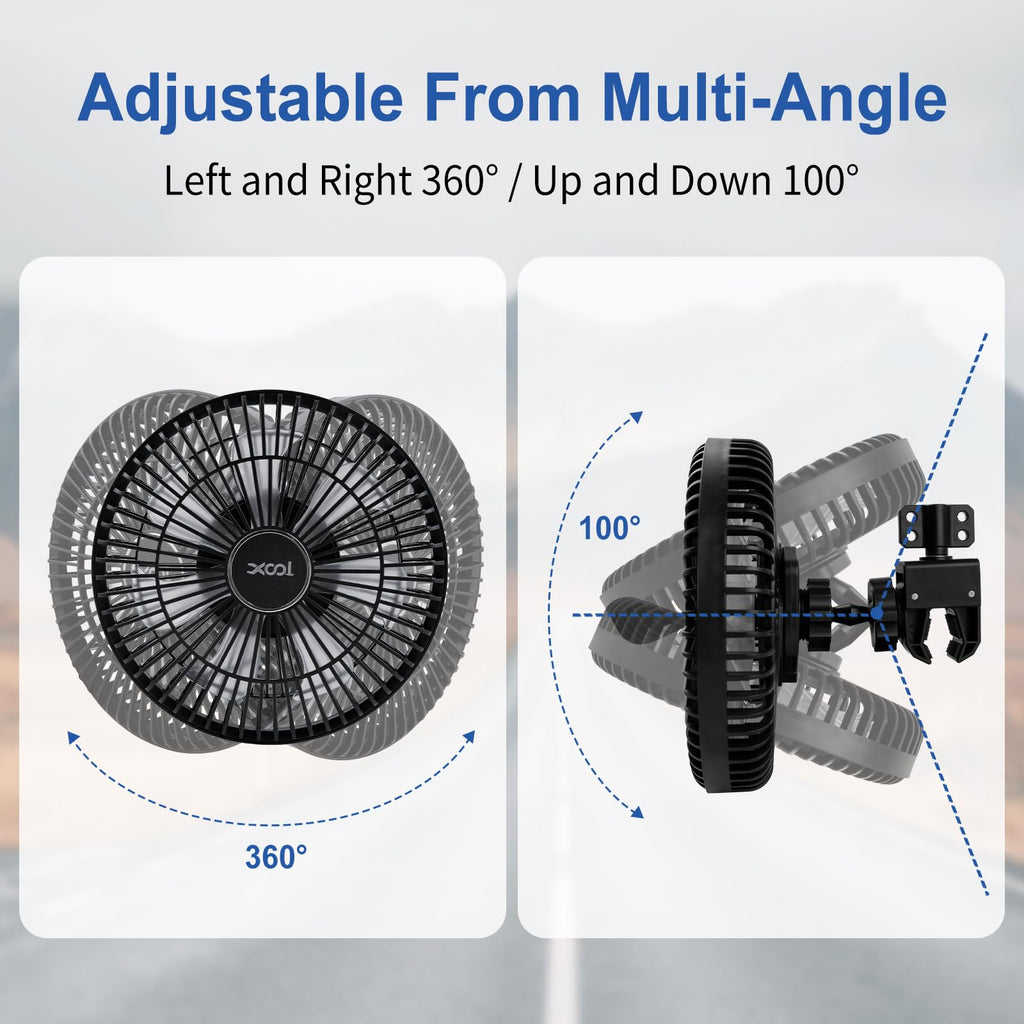 XOOL Clip Car Fan, 9 Inches 12V/24V Fan, 360° Rotatable Electric Cooling Clip on Fan with Stepless Speed Regulation for SUV, RV, Truck