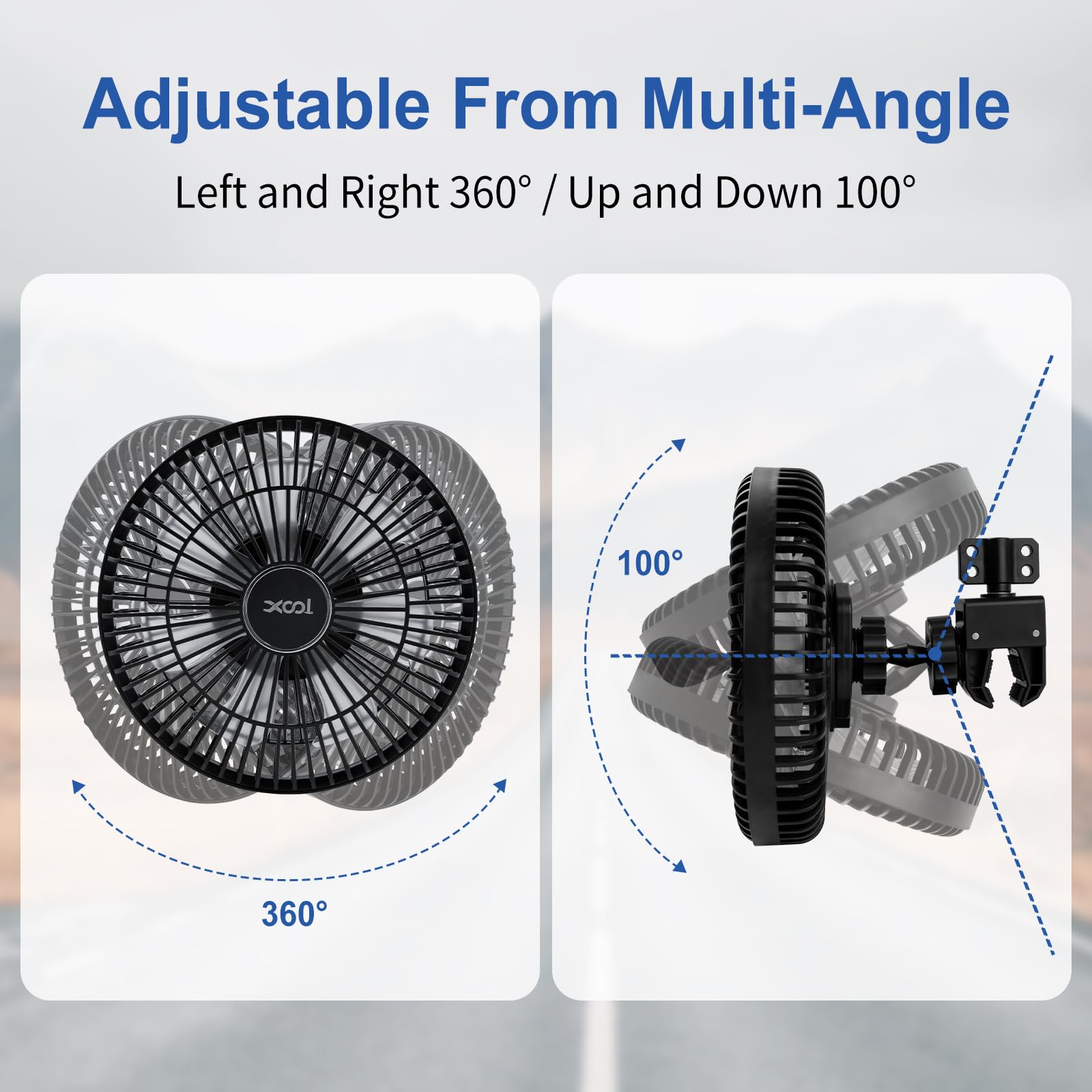 XOOL Clip Car Fan, 9 Inches 12V/24V Fan, 360° Rotatable Electric Cooling Clip on Fan with Stepless Speed Regulation for SUV, RV, Truck