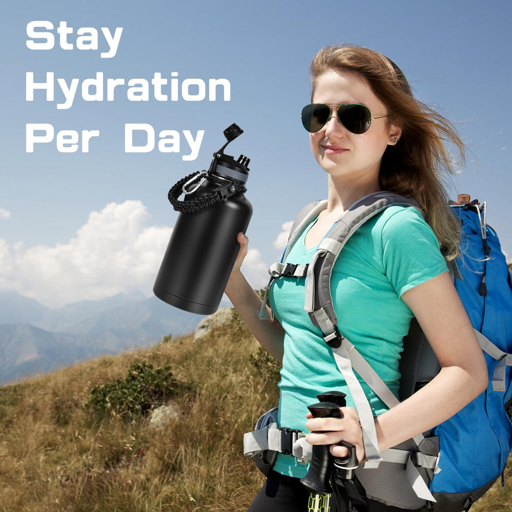 GAZLEMHO 40 oz Insulated Water Bottle with Straw& Spout 2-in-1 Lid, Triple Wall Vacuum Stainless Steel Cold 48H, Leak Proof Sports Metal Flask Jug with Paracord Handle, Black