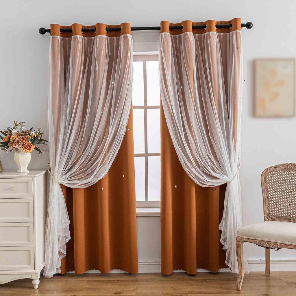 Anytime Star Cut-Out Blackout Curtains for Bedroom 2 Panels,2-Layers Mix Design of Fabric & Tulle,Pretty Pure Color Window Curtain for Kids Room(W35 x L45,LPink)