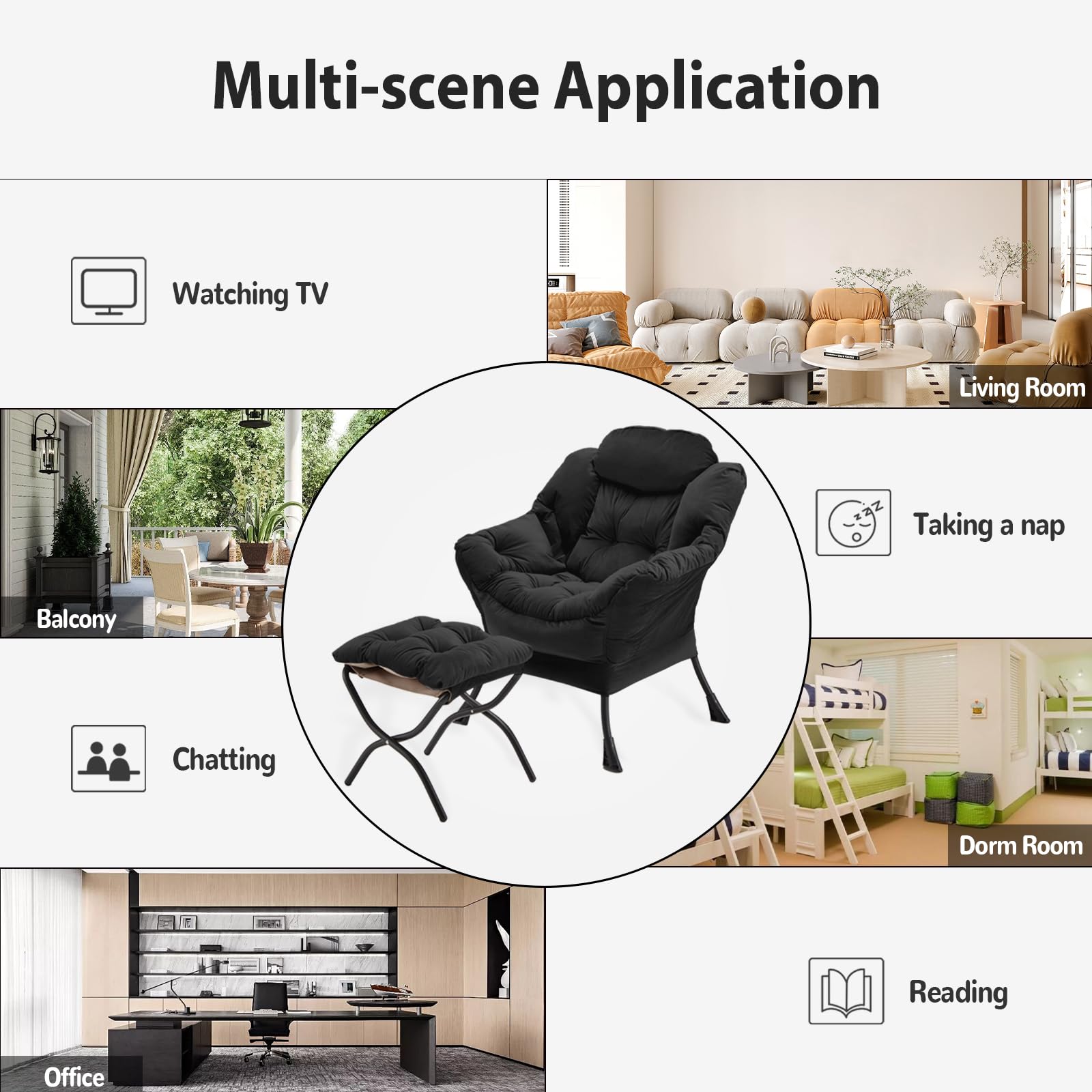 Youtanic Lazy Chair with Folding Ottoman, Accent Chair Velvet Upholstered with Metal Structure and Non-Slip Pads, Sofa Armchair with Footrest and Side Storage Bag for Dorm, Room, Office, Beige