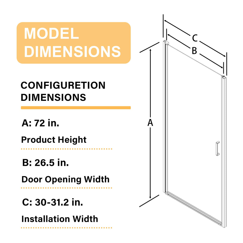 28” x 72” Pivot Shower Door, 1/4 inch Tempered Glass Panel Pivot Swing Shower Door in Matte Black Finish, Semi-Frameless Design