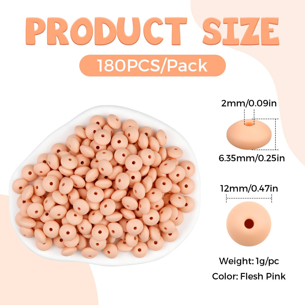 FIVEIZERO 180PCS Silicone Lentil Beads,12mm Spacer Beads | Flexible Silicone, 2mm Hole Design, Easy to Thread, Fade Resistant, Easy to Clean