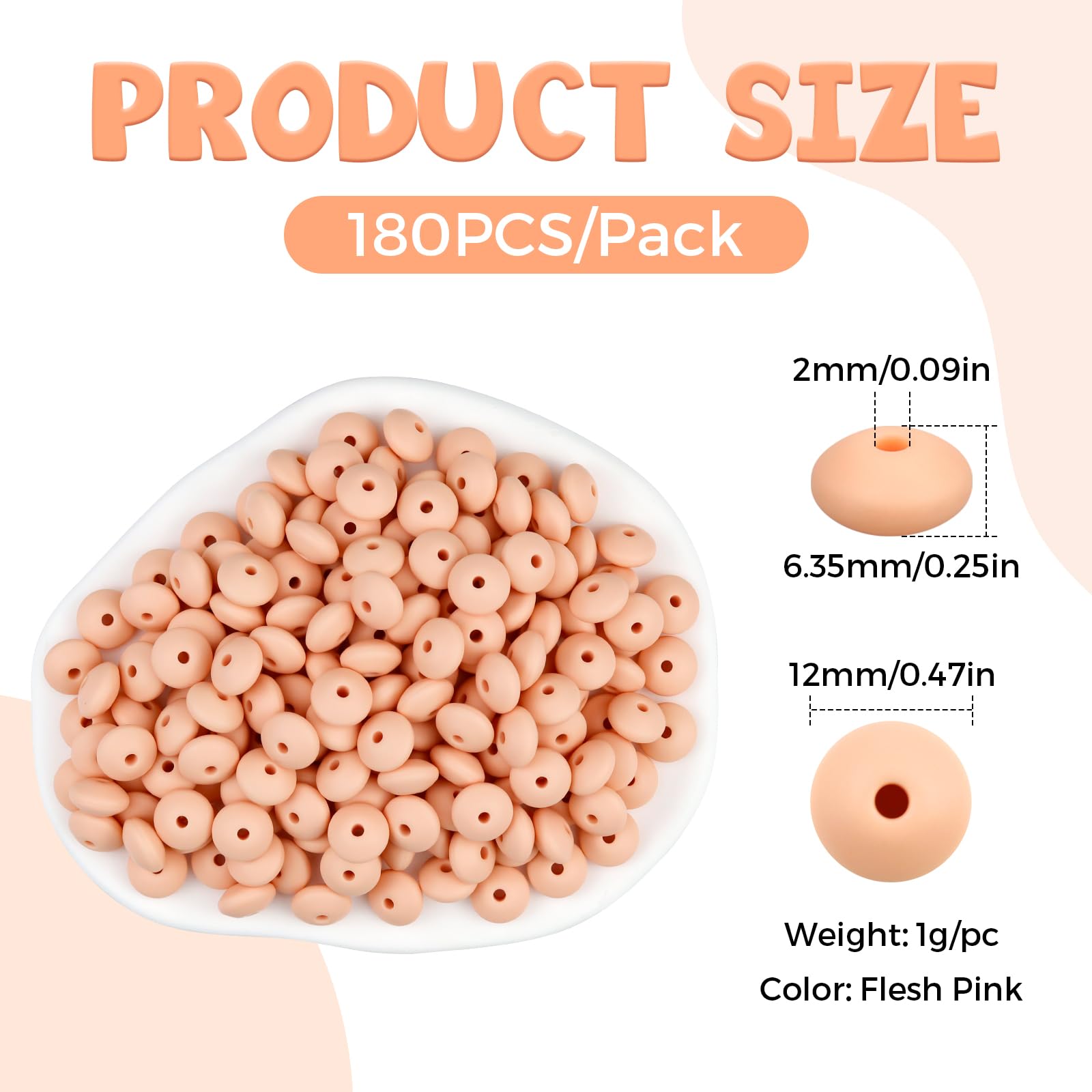 FIVEIZERO 180PCS Silicone Lentil Beads,12mm Spacer Beads | Flexible Silicone, 2mm Hole Design, Easy to Thread, Fade Resistant, Easy to Clean