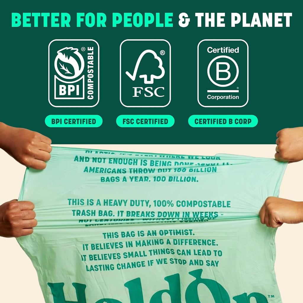 HoldOn Compostable Tall Kitchen Drawstring Bags, 13 Gallon - Leak-Resistant Triple-Ply Plant-Based Kitchen Bags for Trash, Compost & Bin Liners, BPA-Free, BPI Certified, 40 Count