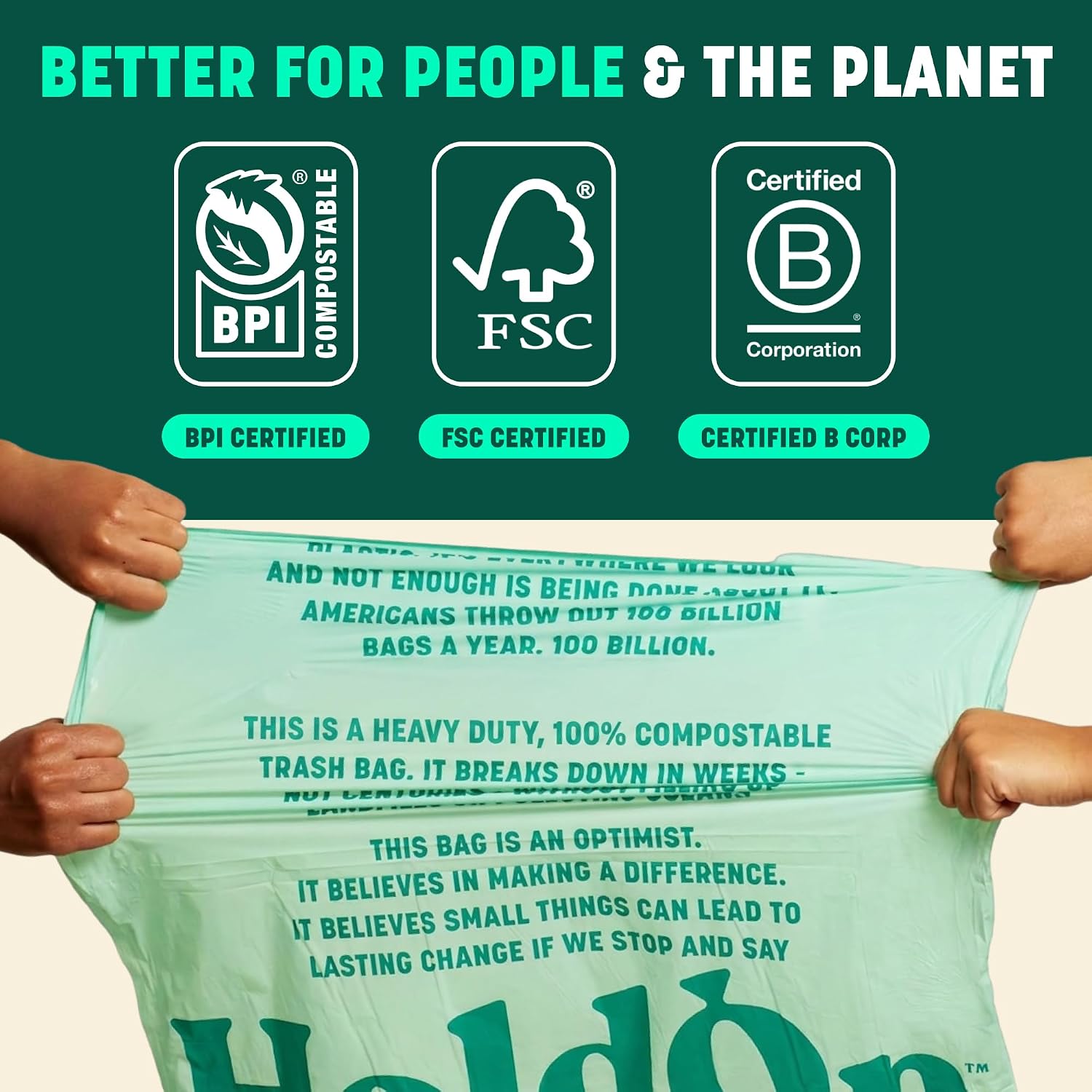 HoldOn Compostable Tall Kitchen Drawstring Bags, 13 Gallon - Leak-Resistant Triple-Ply Plant-Based Kitchen Bags for Trash, Compost & Bin Liners, BPA-Free, BPI Certified, 40 Count