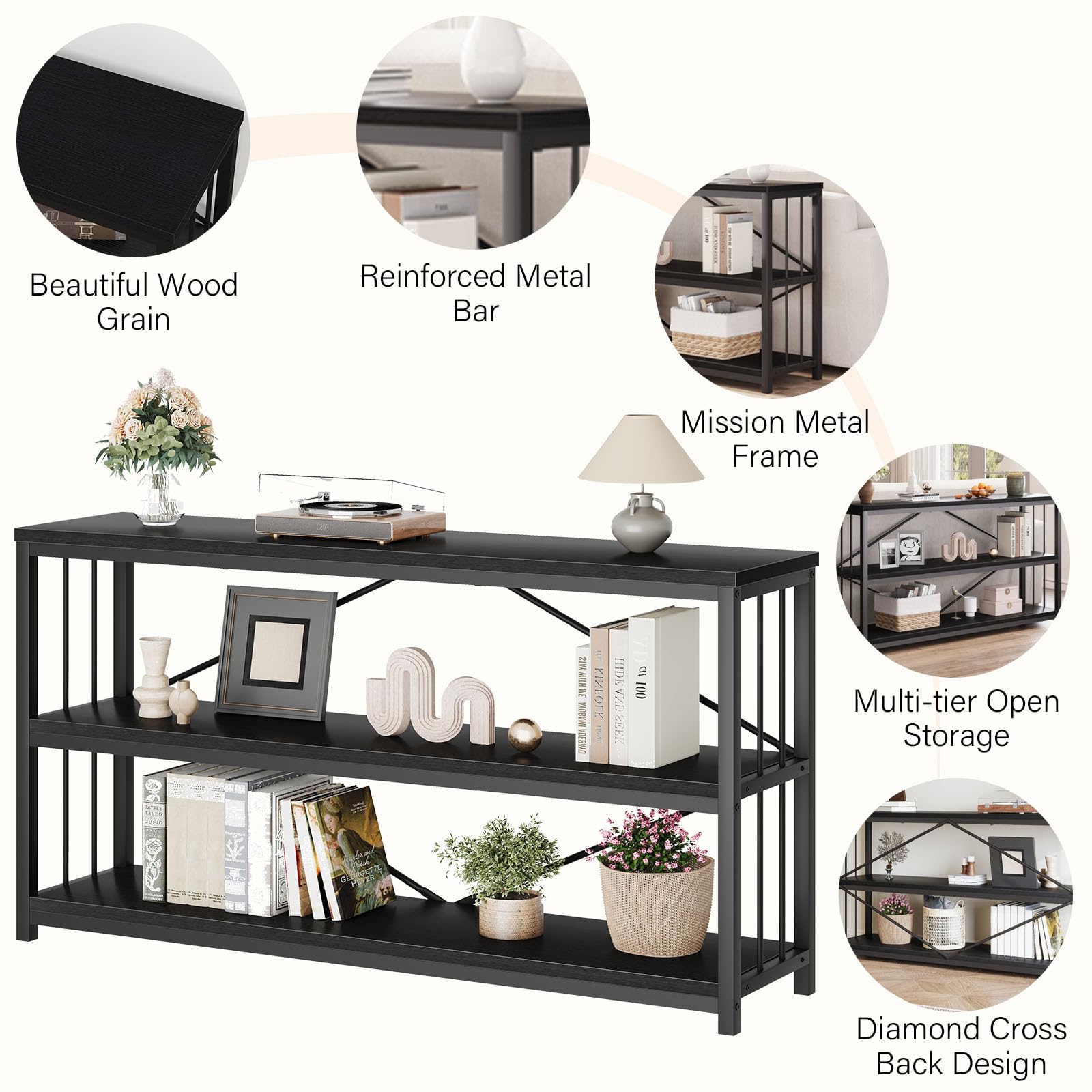 LVB Black Console Table, Modern Entryway Table for Hallway Living Room, Industrial Sofa Table Behind Couch, Farmhouse Wooden Metal Entry Table for Foyer with 3-Tier Storage Shelves, Black Oak, 55 Inch