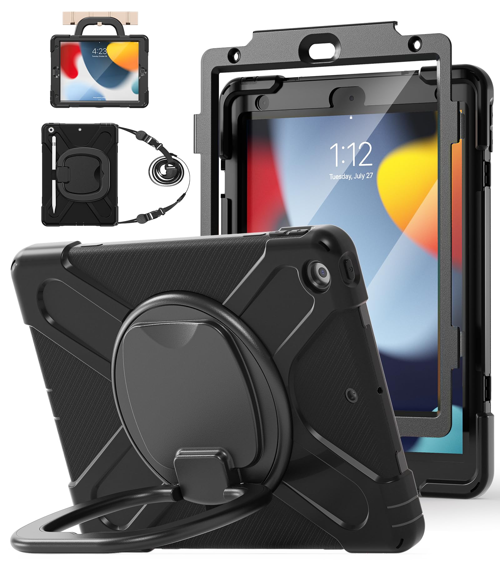 BATYUE for iPad 9th/ 8th/ 7th Generation Case (iPad 10.2 inch Rugged Case 2021/2020/2019) with Screen Protector, Rotating Stand/Pencil Holder/Carrying Shoulder Strap (Colourful Pink)