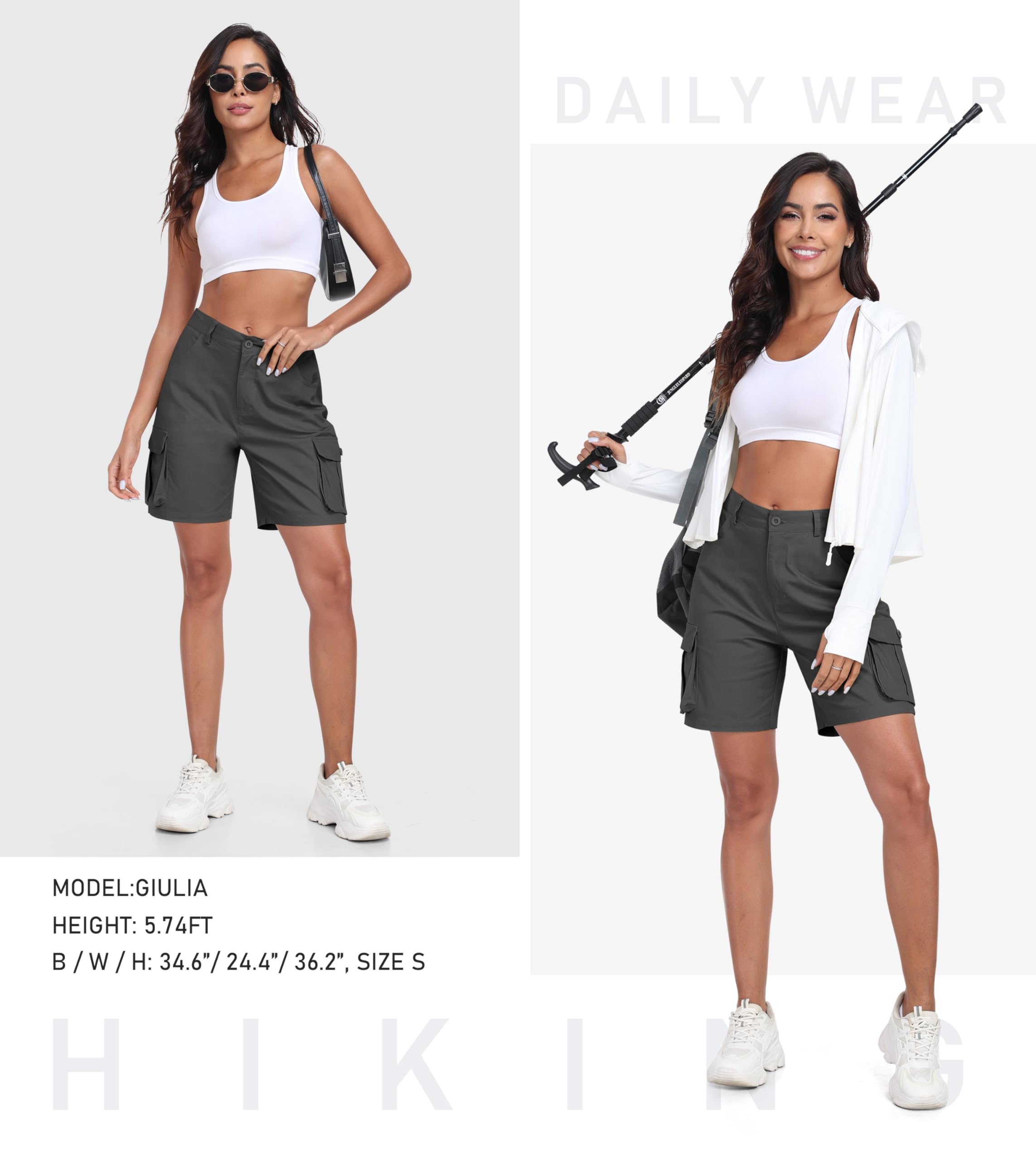 MoFiz Women's Cargo Shorts Bermuda Shorts Button Pockets Elastic Waist Knee Length Long Hiking Casual Shorts for Summer
