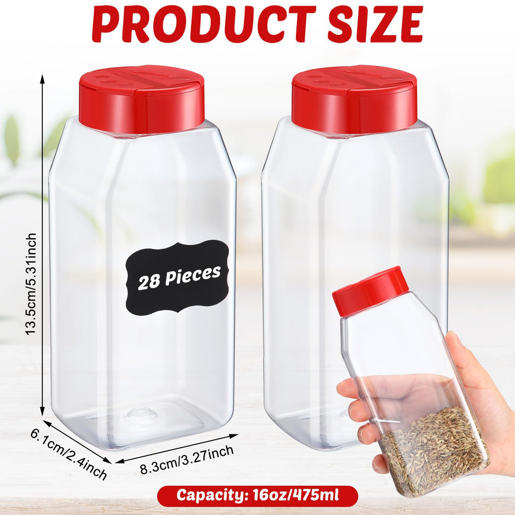 Mifoci 28 Pack 16 oz Plastic Spice Jars with Cap Square Plastic Bottle Containers with Shaker Lids and Stickers Large Seasoning Shaker Empty Powder Storage Container for Storing Salt Herbs (Black)