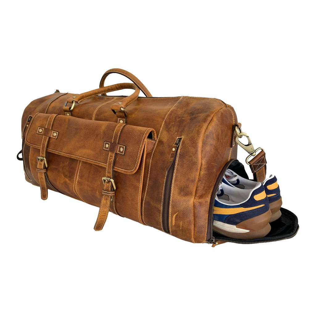 KomalC Leather Duffle Bags for Men and Women Travel Overnight Weekend sports bag holdall Gym Duffel for Men (Dark Tan, 20 Inch)