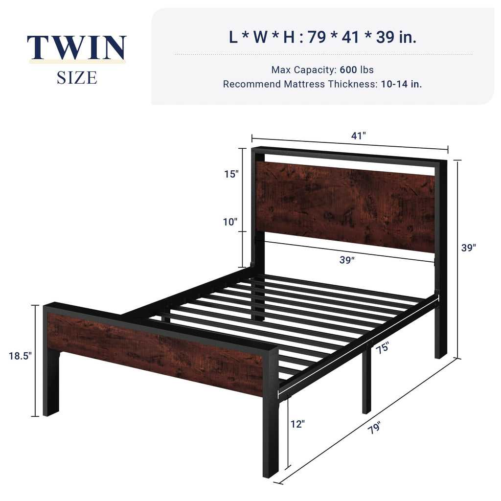 Allewie Twin Size Platform Bed Frame with Wooden Headboard and Footboard, Heavy Duty Metal Slats Support, No Box Spring Needed, Under-Bed Storage, Noise Free, Easy Assembly, Black Oak