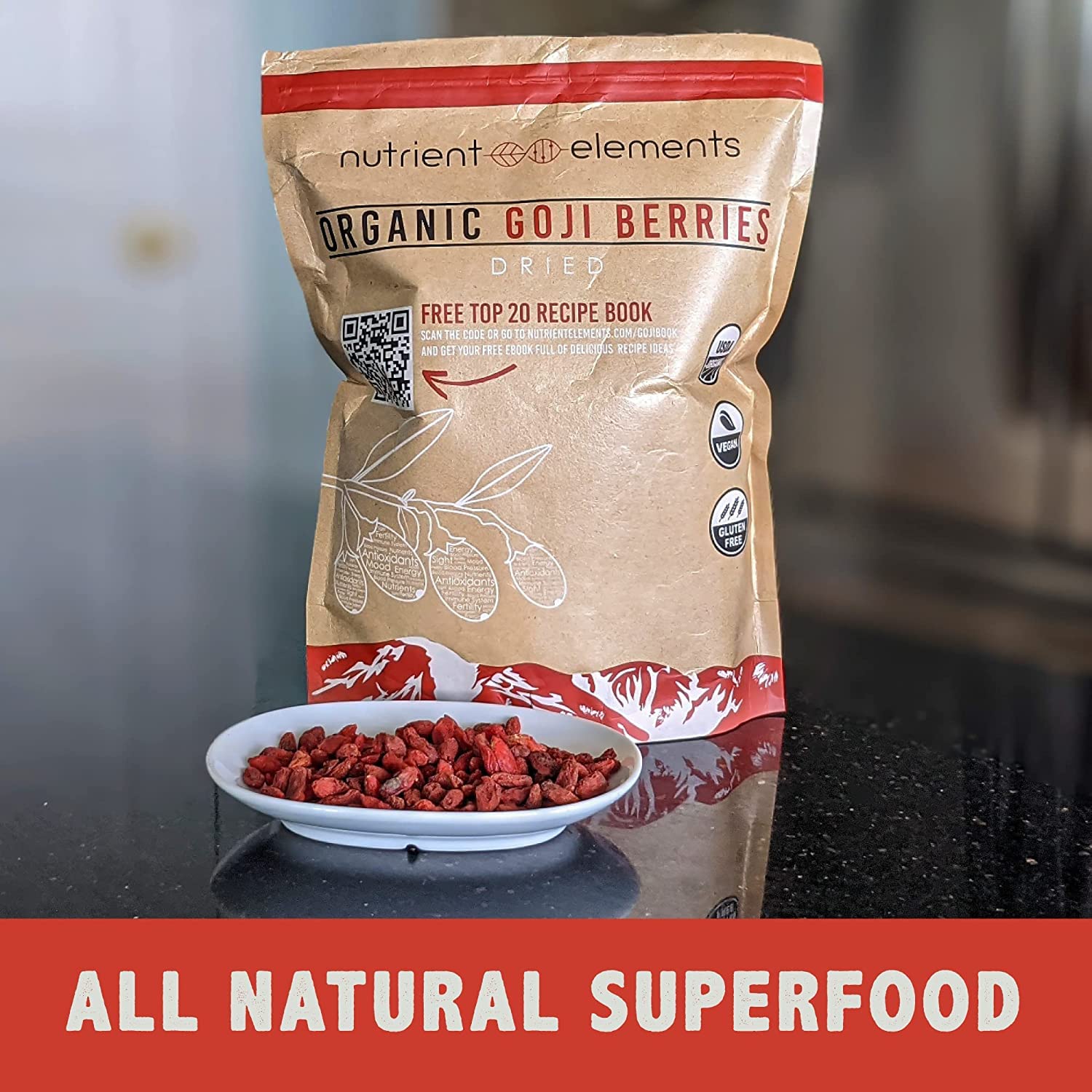 Nutrient Elements Goji Berries – 2 lb/32 oz – USDA Organic, Raw, Sun-Dried, Hand-Picked – Extra Large Dried Berries – Resealable Bag – Naturally Grown, No Additives