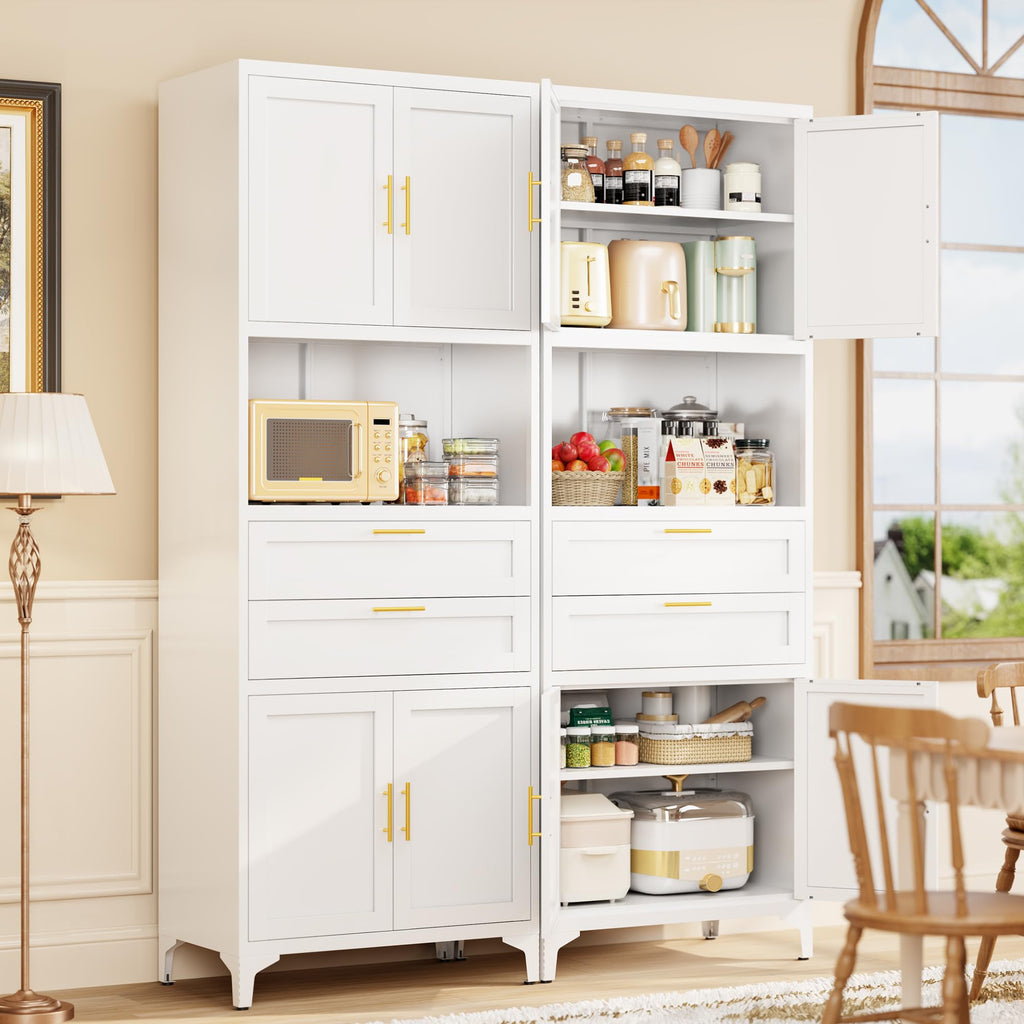 75” Tall Kitchen Pantry Storage Cabinet, Metal Storage Cabinet with 2 Drawers and Adjustable Shelves, Kitchen Pantry Cupboard, Freestanding Cupboard for Bathroom, Living Room(Black)