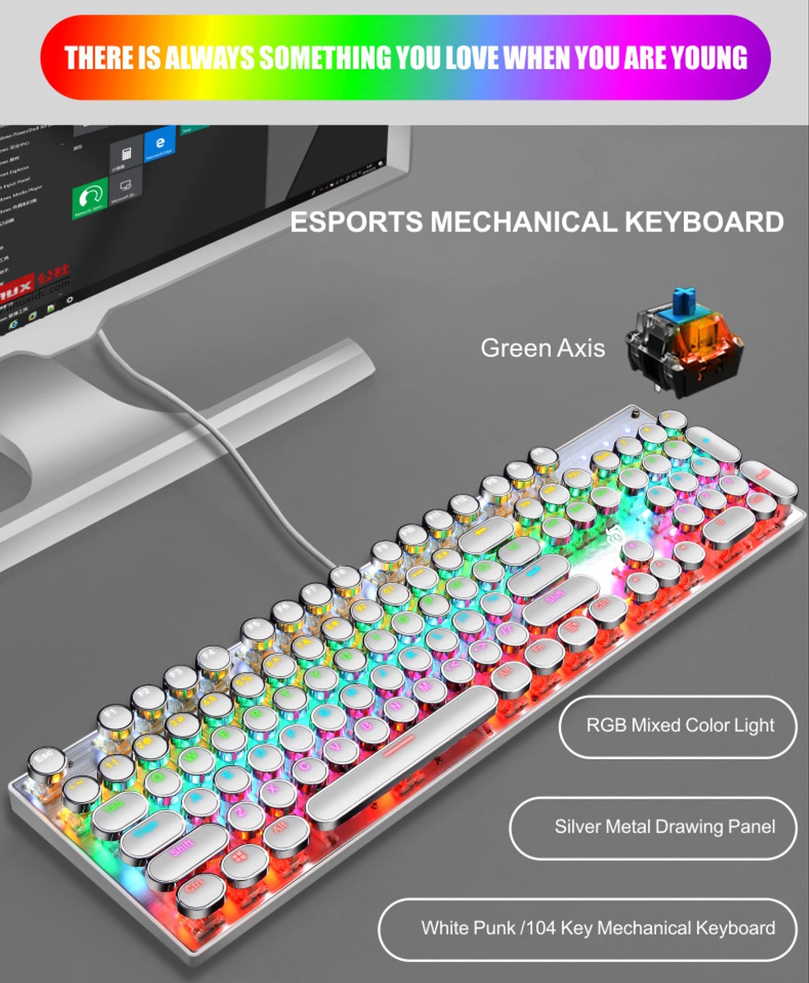 YSCP Typewriter Style Mechanical Gaming Keyboard RGB Backlit Wired with Blue Switch Retro Round Keycap 104 Keys Keyboard (R-Black)