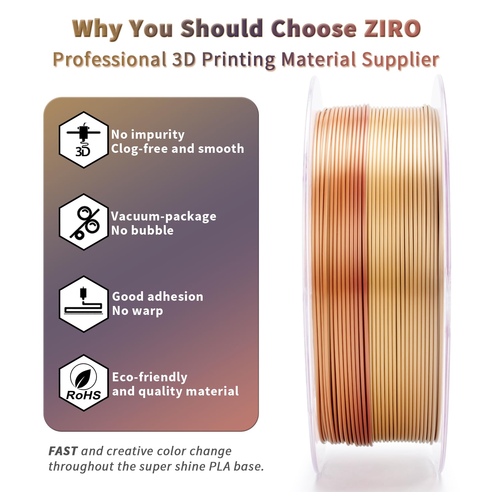 ZIRO Fast Color Change PLA, 1.75mm Color Gradient Filament, Glossy Rainbow PLA Filaments, Fit Most 3D Printer Pen, Shiny Surface 1KG/2.2lbs Spool, Aqua Sky (Silk)