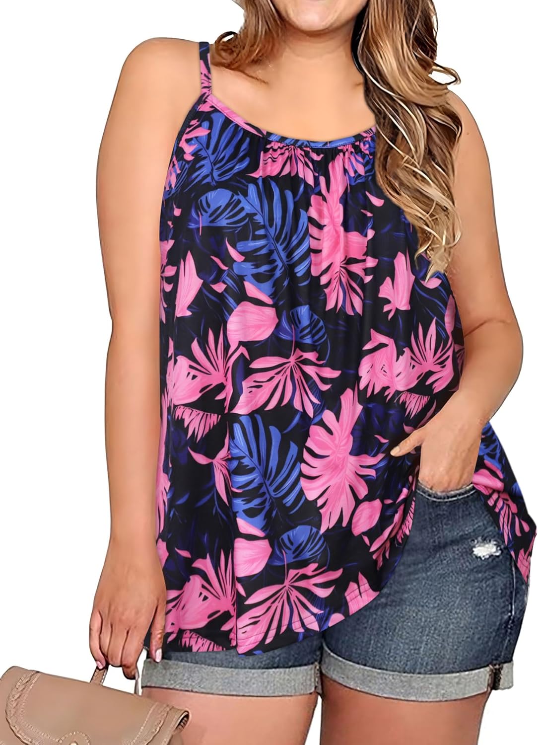 Plus Size Tank Tops for Women Boho Floral Loose Cami Spaghetti Strap Tunic Blouses