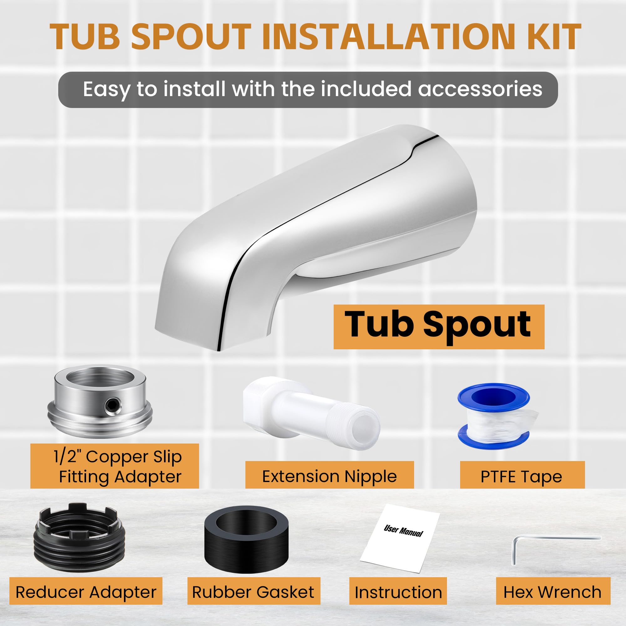 Dreyoo Tub Spout (Universal Fits 1/2" Copper Pipe, 1/2" IPS and 3/4" IPS), Bathroom Bathtub Faucet with Adapters and Hex Wrench(Brushed Nickel,Simple)