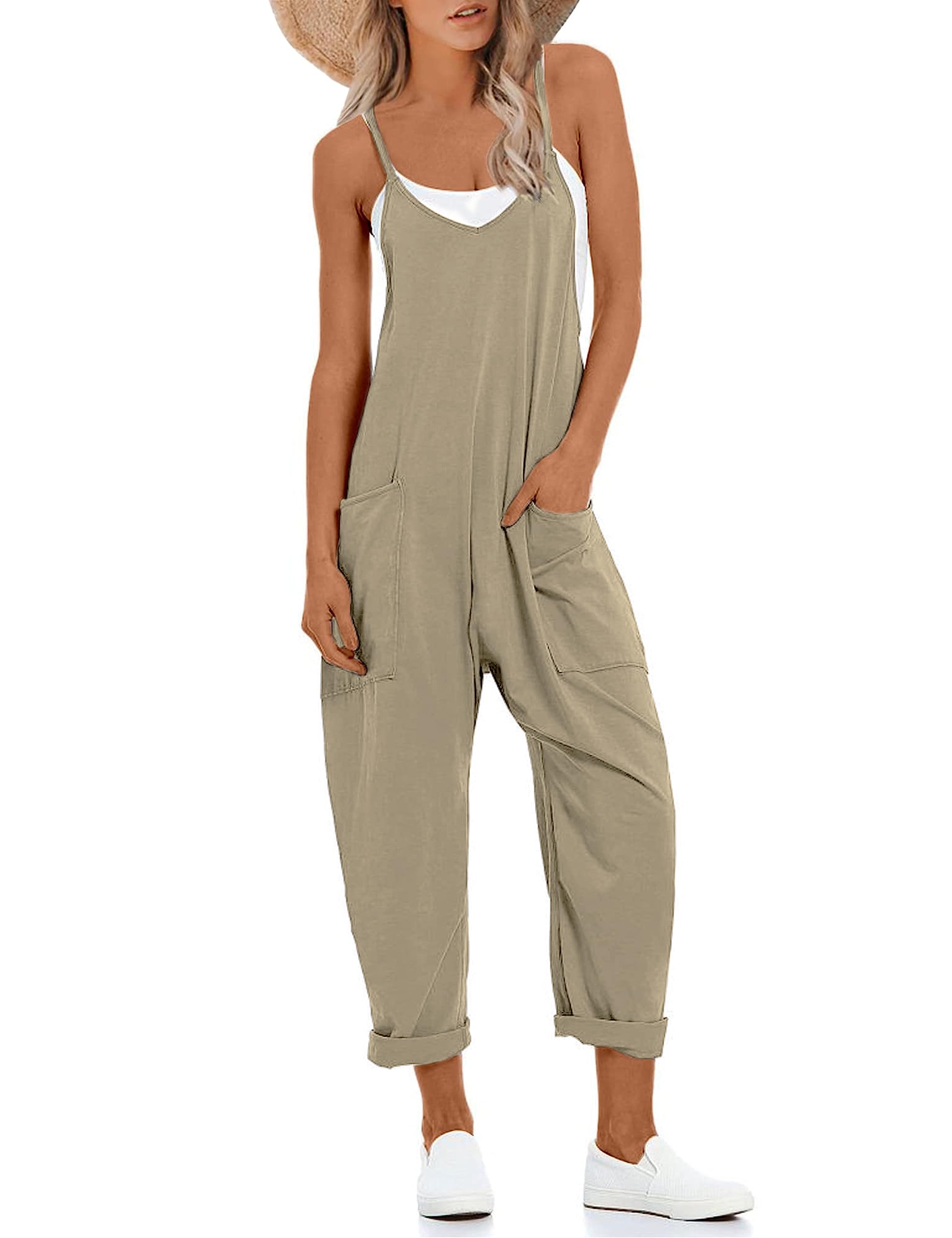 Lentta Women's Causal Jumpsuits V Neck Sleeveless Harem Overalls Stretchy Adjustable Strap Romper with Pockets
