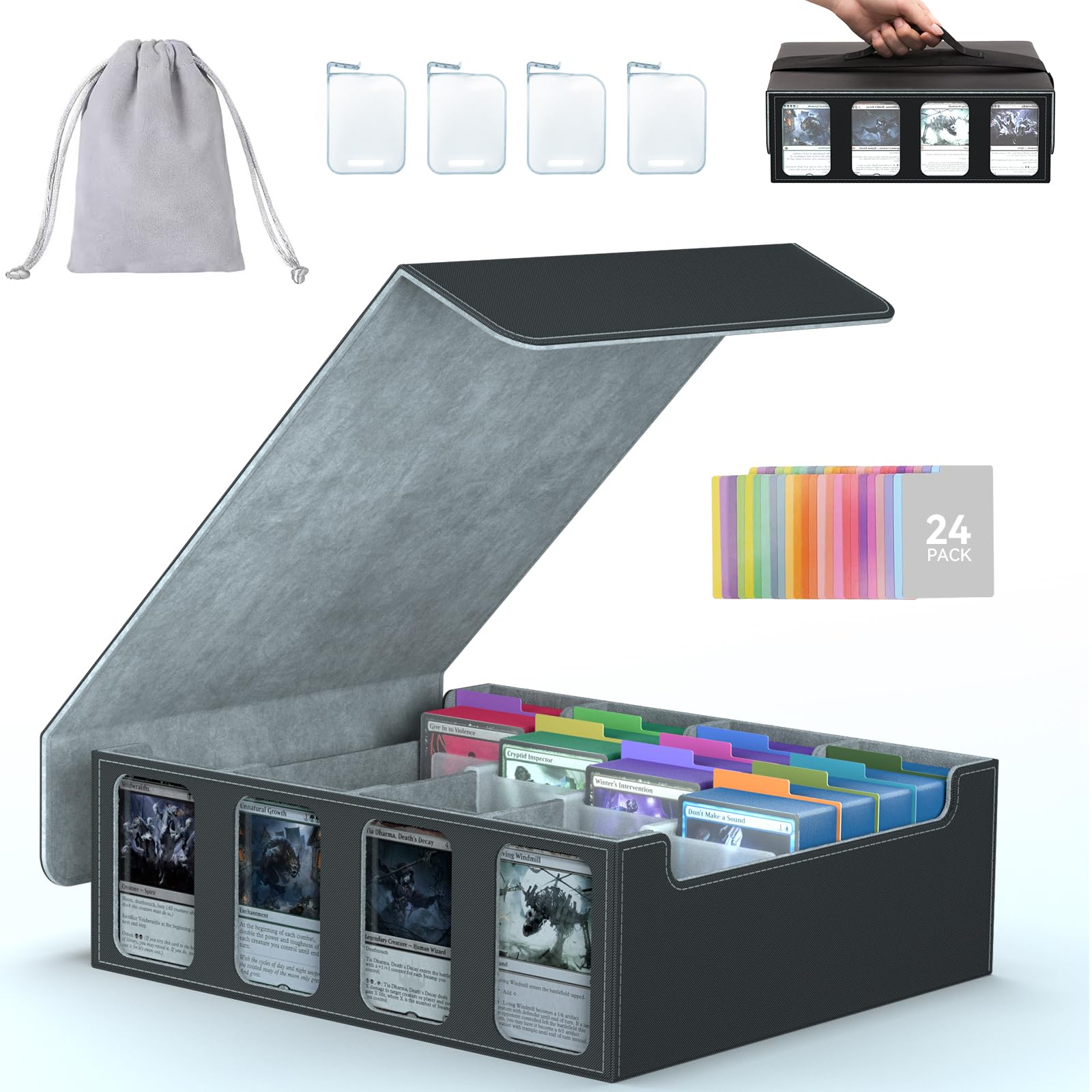 3-Row Trading Card Storage Box, Bulk Cards Case for 2400+ Mtg tcg Magic Playing Game Card Organizer, Commander Deck Box with 3 Supports & 24 Dividers