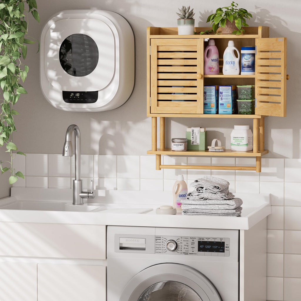 AmazerBath Bathroom Wall Cabinets, Bamboo Medicine Cabinet with Rattan Door, Over The Toilet Storage Cabinet with Towel Bar, Wall Mounted Cabinet with Adjustable Shelves for Small Spaces