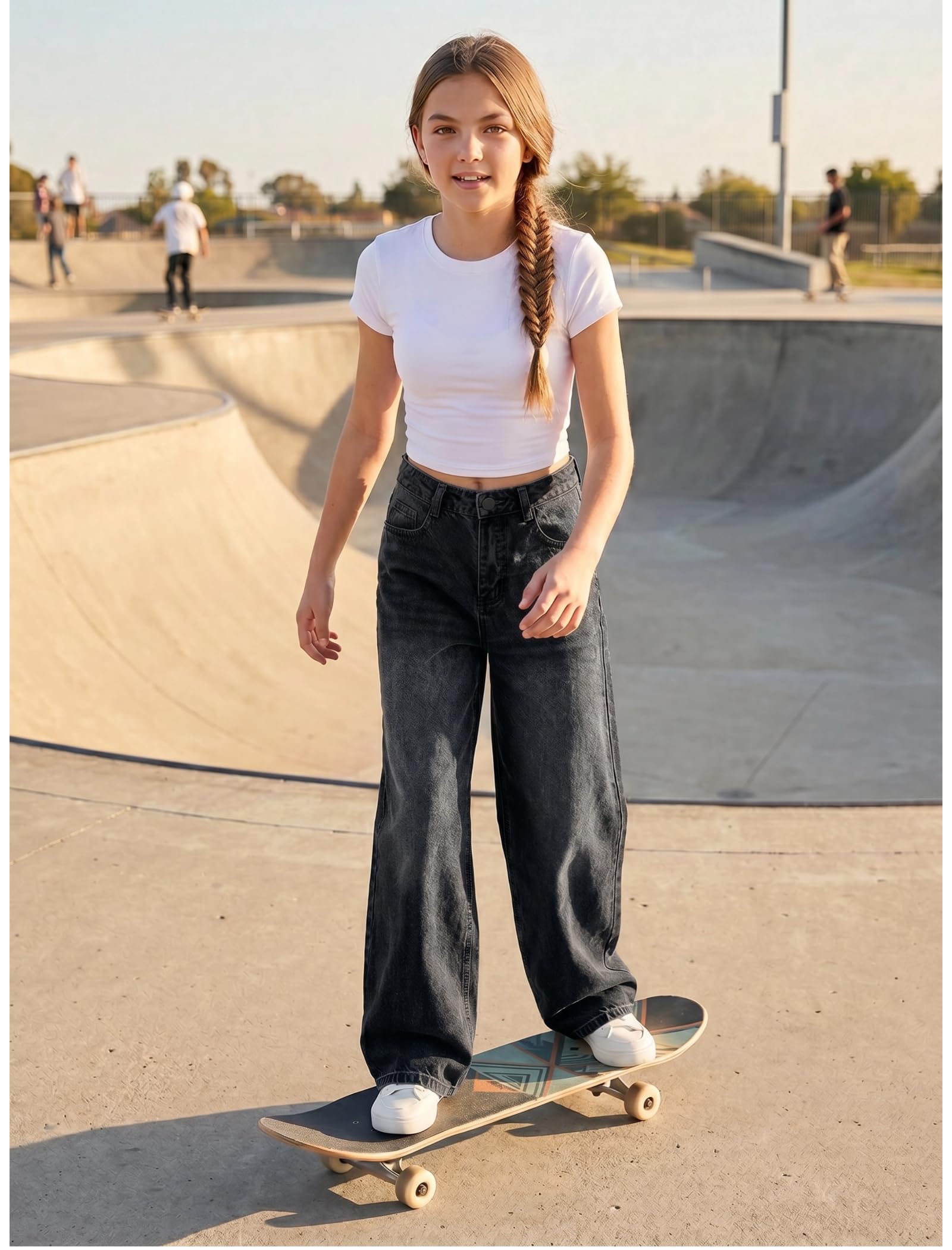 EXARUS Girls Jeans Baggy Wide Leg Cute Teen Tween Long Denim Pants Clothes Tall Junior Elastic Band Pockets