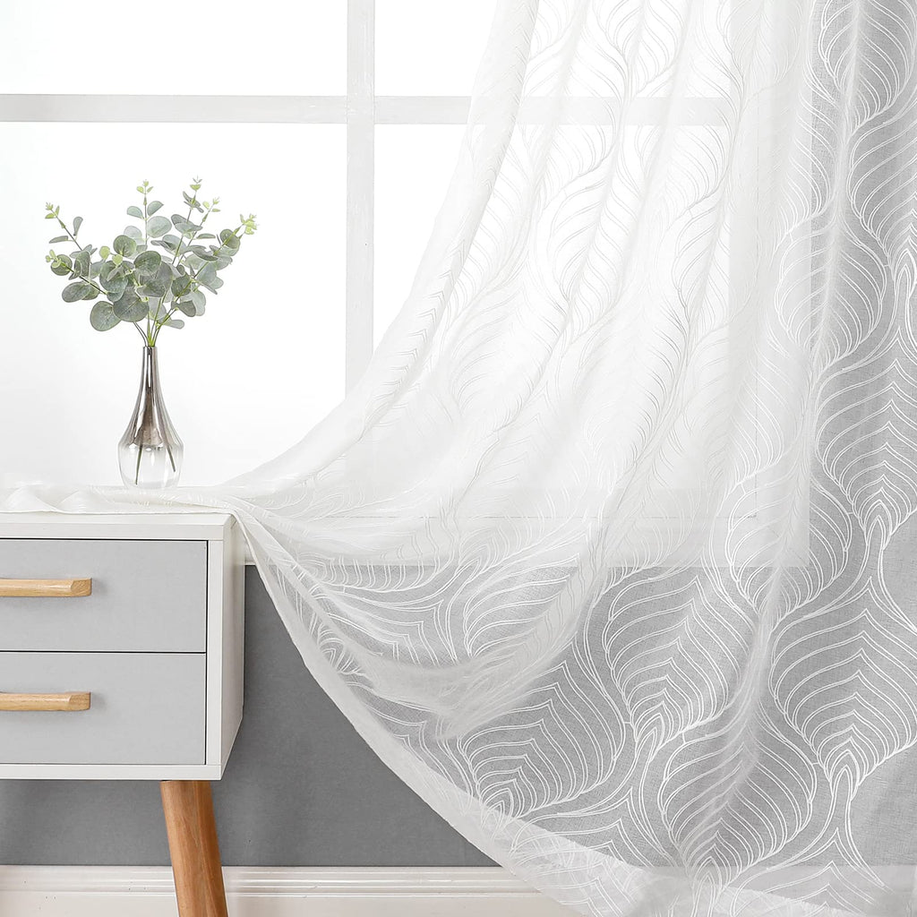 VISIONTEX Sheer Curtains 63 Inches Long 2 Panels Set, Beige and Ivory Moroccan Embroidery Texture Geometric Rod Pocket White Voile Tulle Semi Window Treatment Pair for Bedroom, W54 x L63