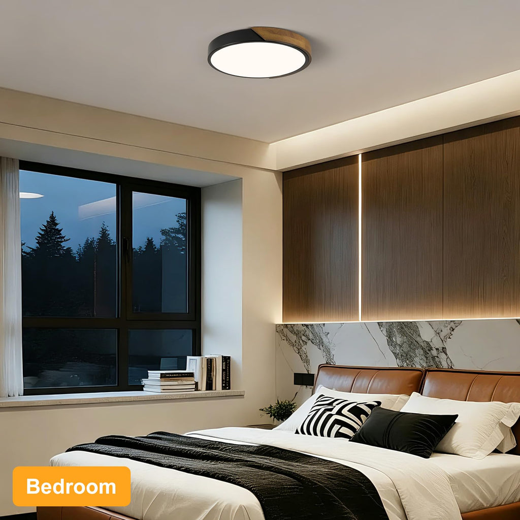 Modern LED Ceiling Light, Minimalist Wood Dimmable Flush Mount Ceiling Light Fixture, Round 5CCT Lighting Lamp with Acrylic Lampshade for Bedroom Hallway Kitchen Laundry, Black 11.8"