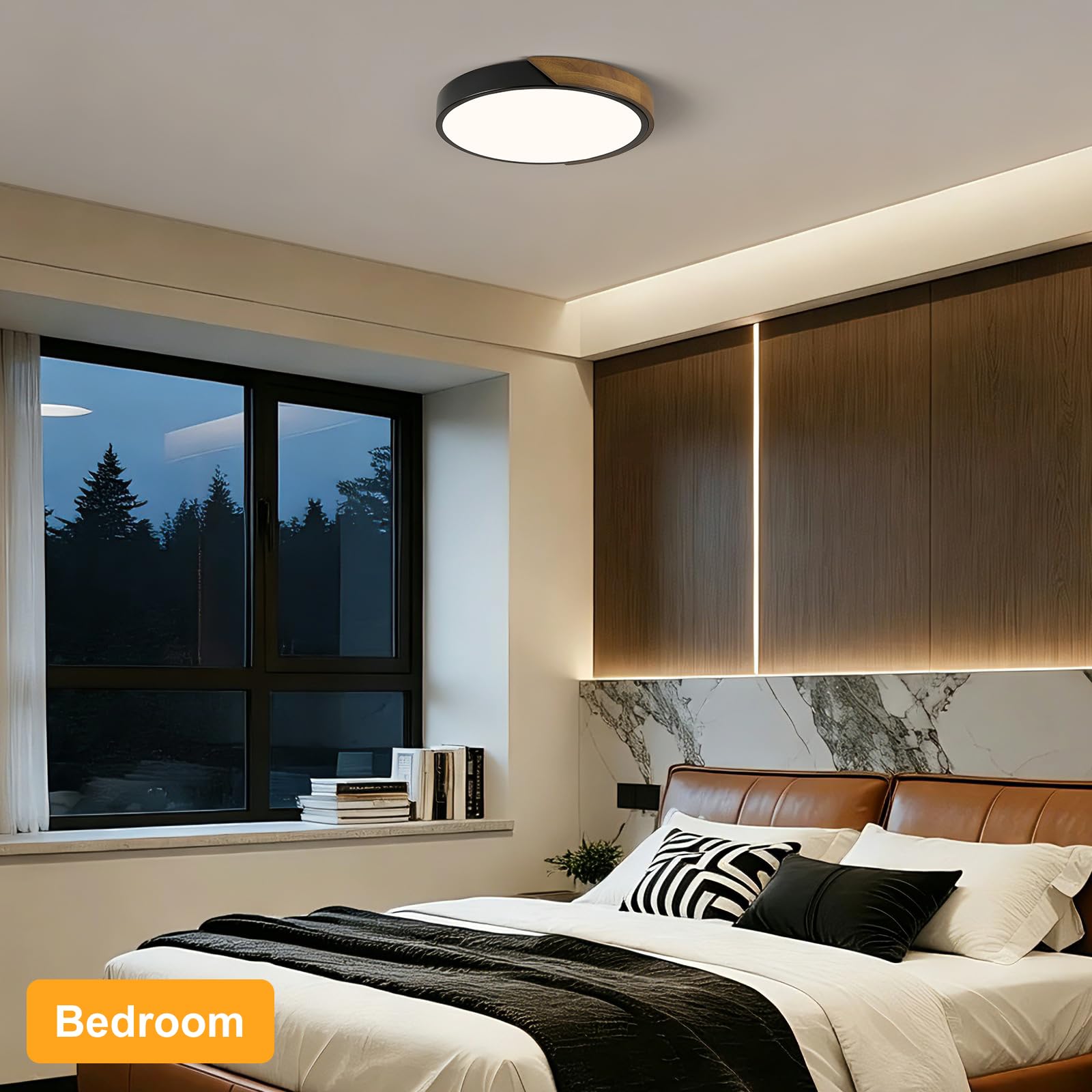 Modern LED Ceiling Light, Minimalist Wood Dimmable Flush Mount Ceiling Light Fixture, Round 5CCT Lighting Lamp with Acrylic Lampshade for Bedroom Hallway Kitchen Laundry, Black 11.8"