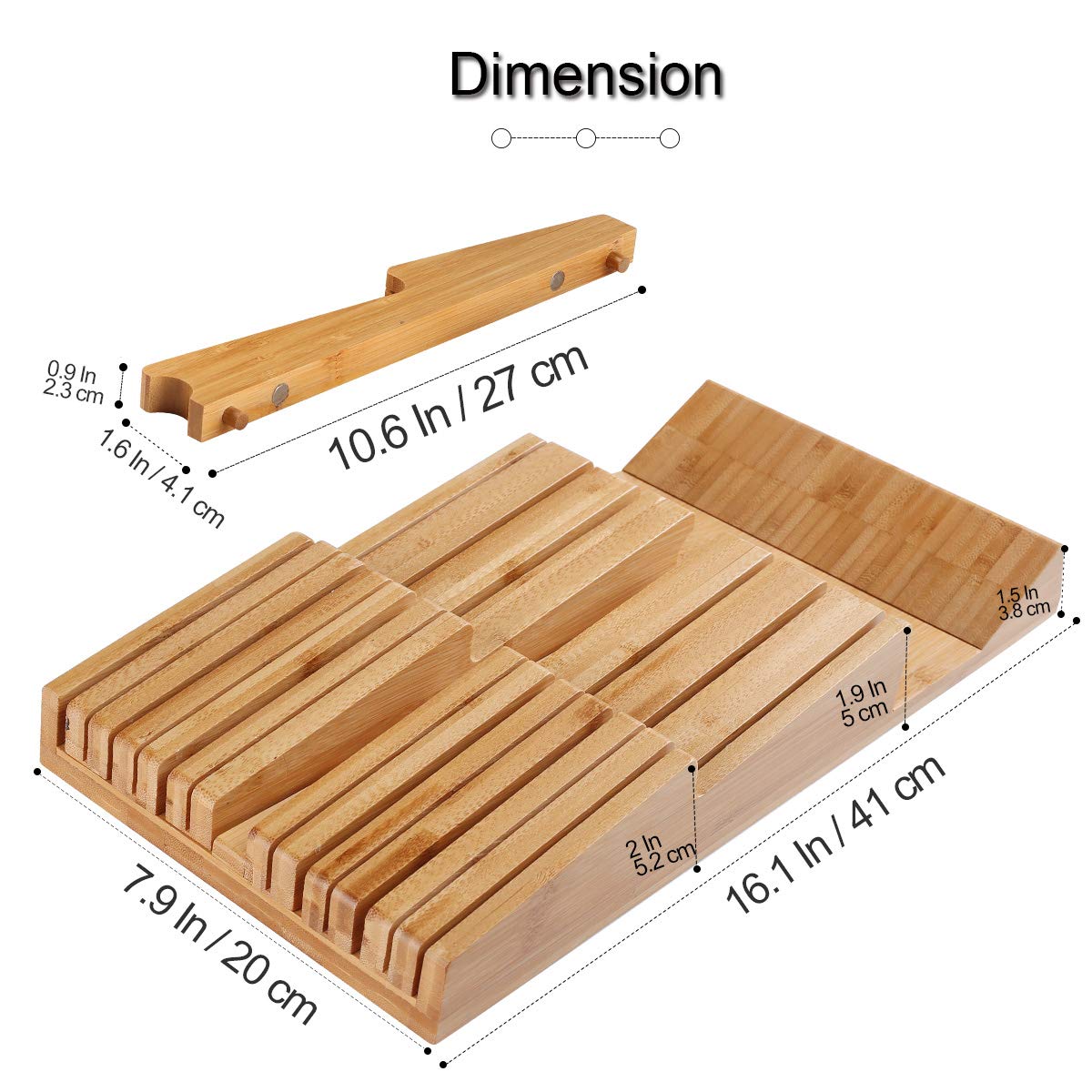NIUXX Bamboo In-Drawer Knife Block Set for 9 Knives(Not Included), Large Kitchen Detachable Washable Cutlery Slot Organizer Storage Holder for Sharpening Steel and Cutter