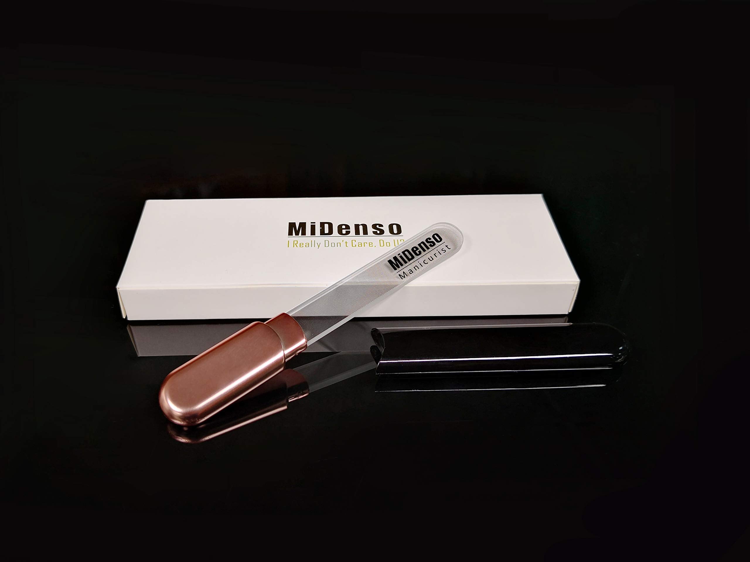 MiDenso Premium Glass Nail File with Case, Crystal Diamond Salon Nail Buffer for Natural and Acrylic Nails, Apricot Color, Japanese Nano Technology, 5.5 Inch