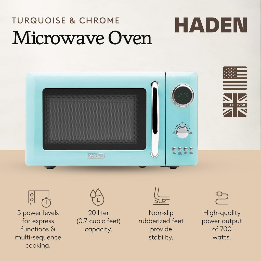 Haden 700 Watt 0.7 Cubic Foot Microwave Oven with Digital Controls, Defrost, and Instant Start Countertop Small Appliance, Ivory/Chrome