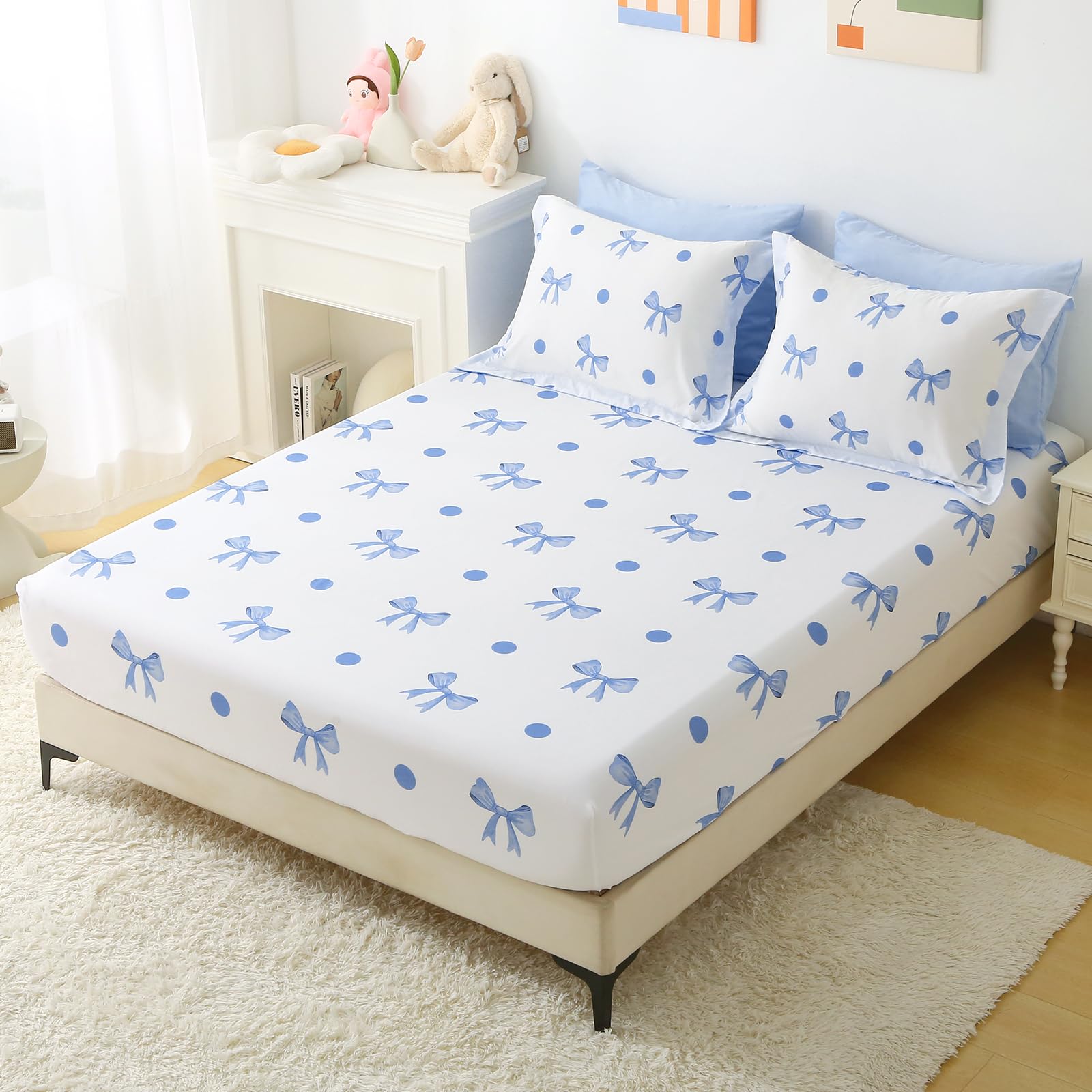 Wajade 7 Piece Blue Bow Comforter Set for Girls Kids Twin Size Bedding Set with Sheet and 2 Pillowcases 2 Pillow Shams Cute Girls Bed in a Bag as Birthday Choice