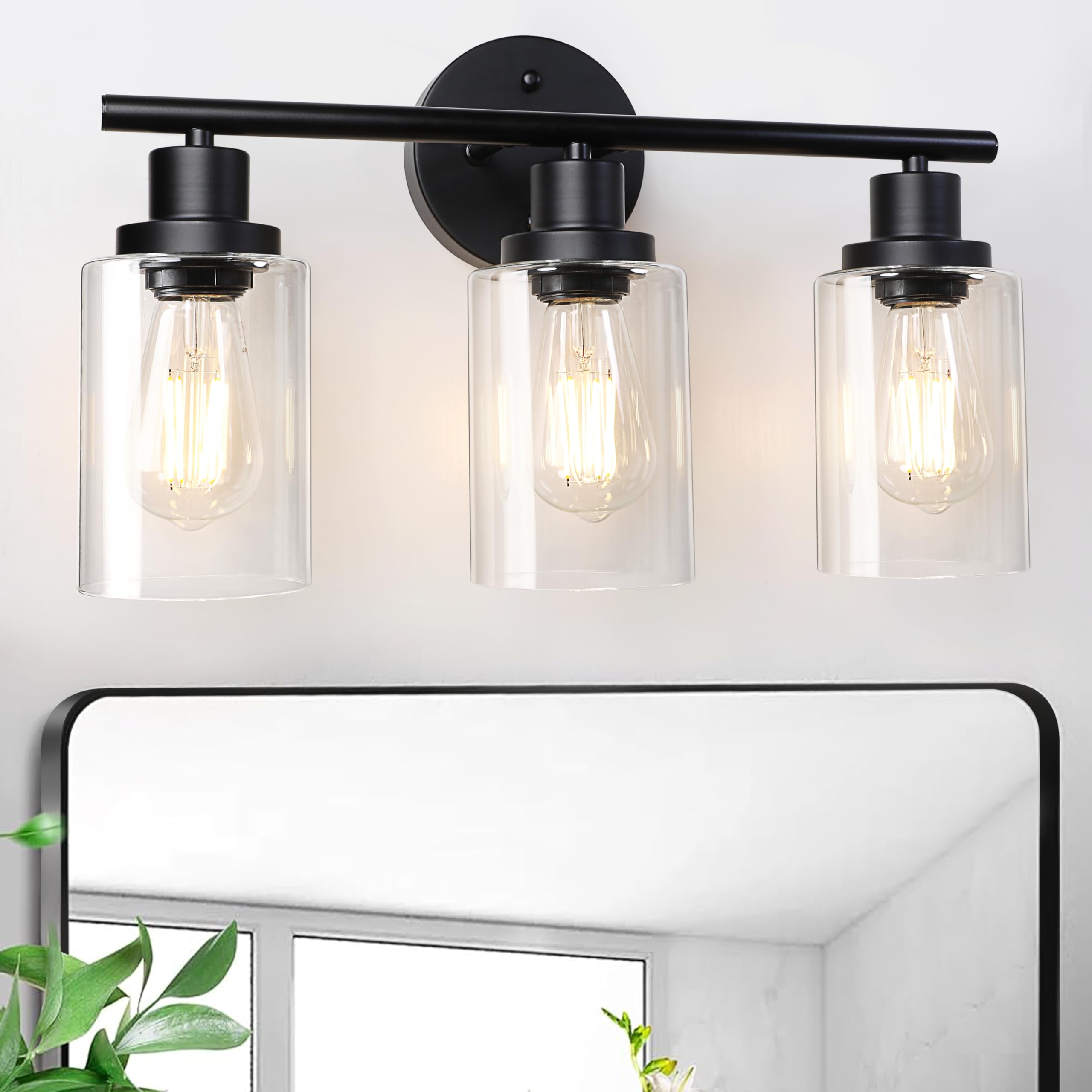 Unicozin 2 Pack Modern Bathroom Light Fixtures, 3 Light Vanity Lights, Black Wall Lamp with Clear Glass for Bathroom, Mirror, Living Room, Bedroom, Hallway, E26 Base