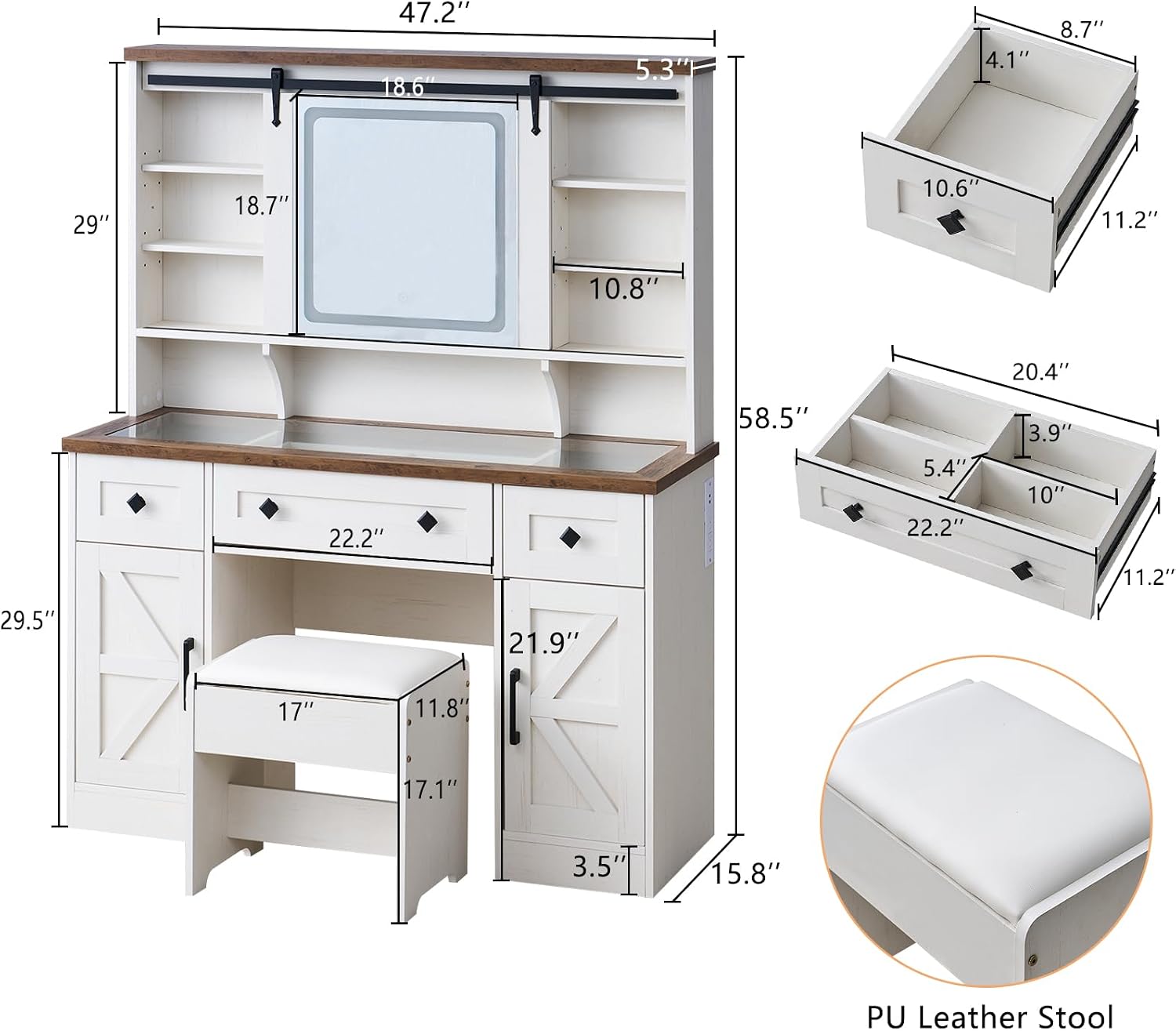AMERLIFE 47.2" Farmhouse Vanity Desk with Mirror and Lights, Rustic Makeup Vanity Table with Charging Station, Vanity Set with Stool & Storage, LED Sliding Mirror & Glass Top, Antique White Finish
