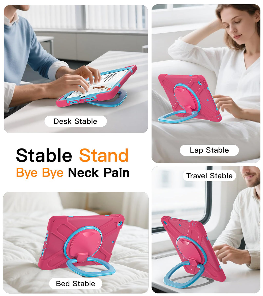 BATYUE for iPad 9th/ 8th/ 7th Generation Case (iPad 10.2 inch Rugged Case 2021/2020/2019) with Screen Protector, Rotating Stand/Pencil Holder/Carrying Shoulder Strap (Colourful Pink)